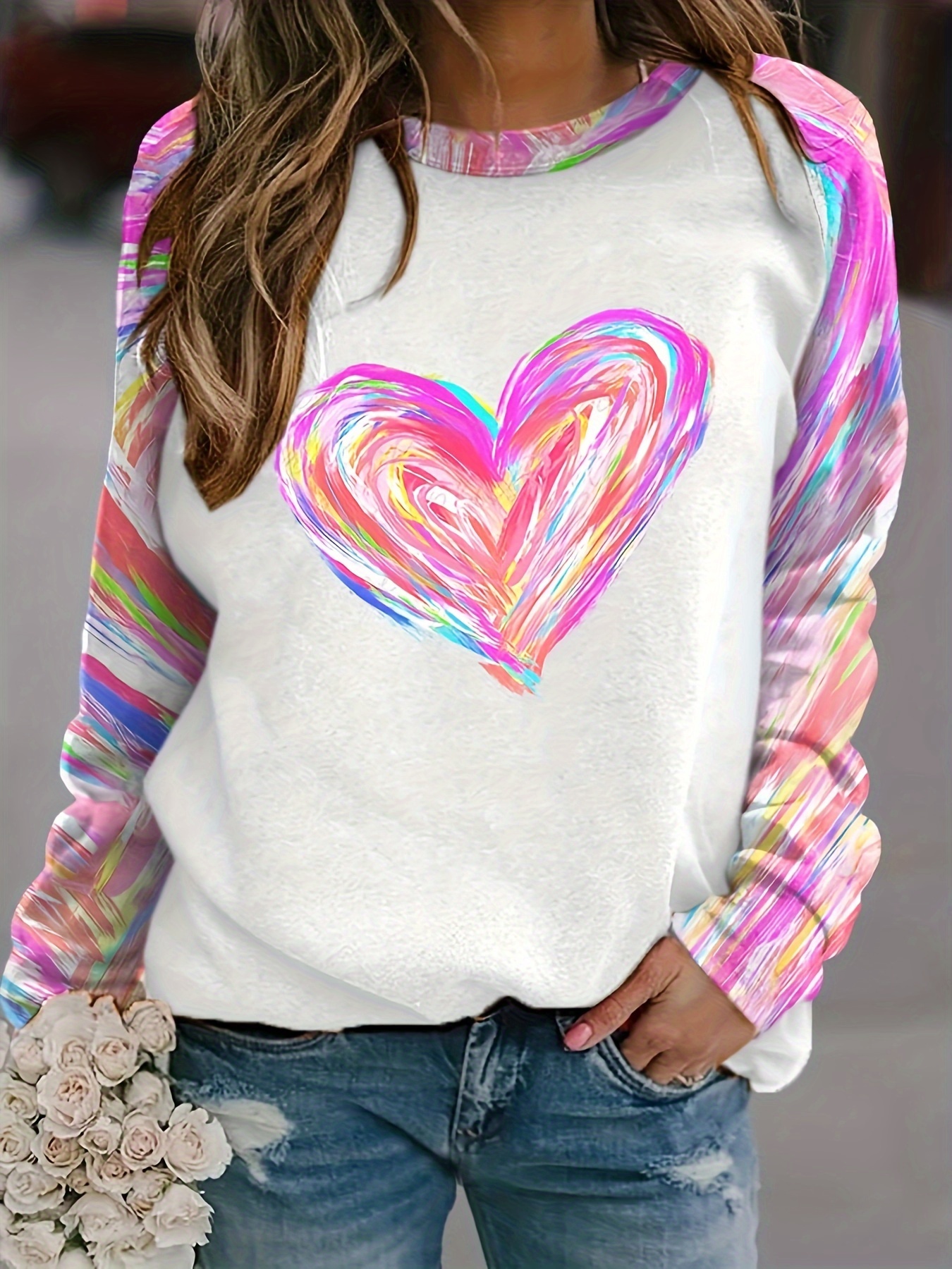 Women Long Sleeve O-Neck Sweatshirt Pink Heart Tie-Dye Printed