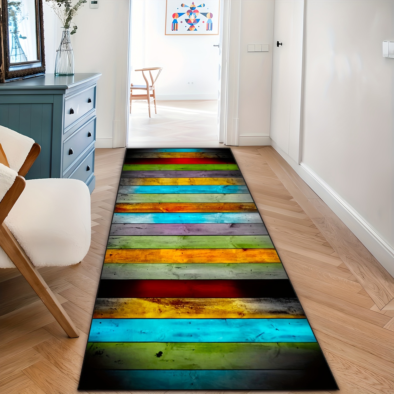 

1pc Colorful Striped Area Rug, Vintage Wooden Pattern Carpet, Machine Washable Mat, Suitable For Living Room Leisure Area Bedside Accessories Home Decor