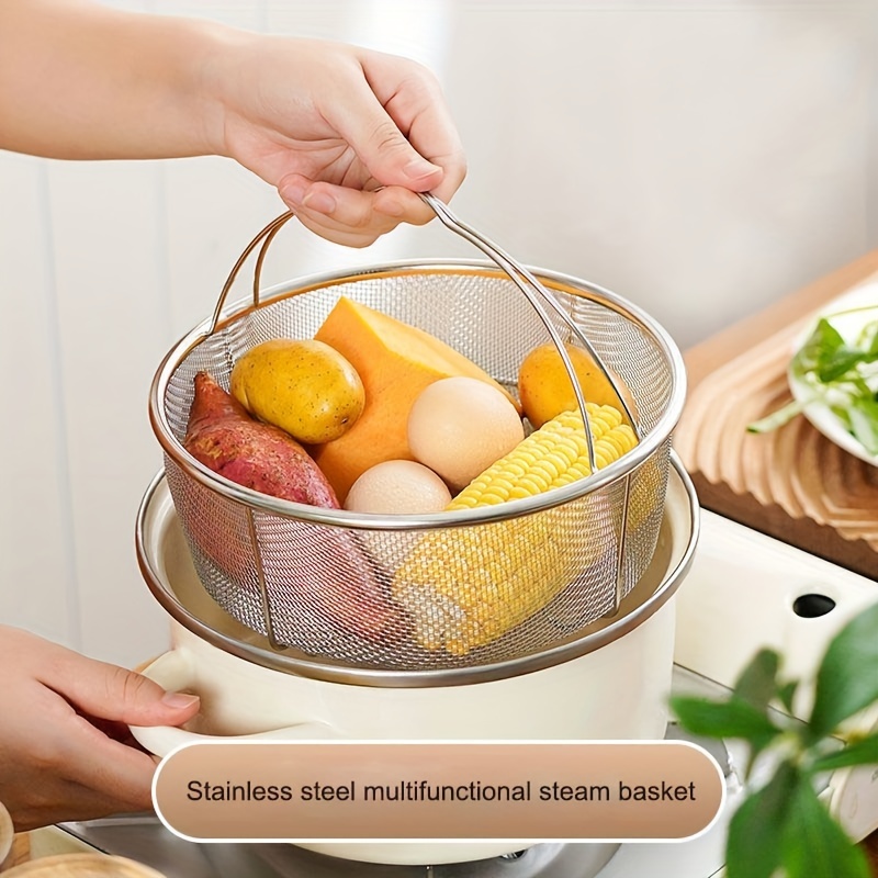 Stainless Steel Steamer, Dense Hole Drain Basket, Vegetable Washing Basket,  Steaming Compartment Steamer With Feet, Multi-purpose Leak Mesh Basin,  Steaming Bacon, Steaming Steamer, Kitchen Utensils - Temu