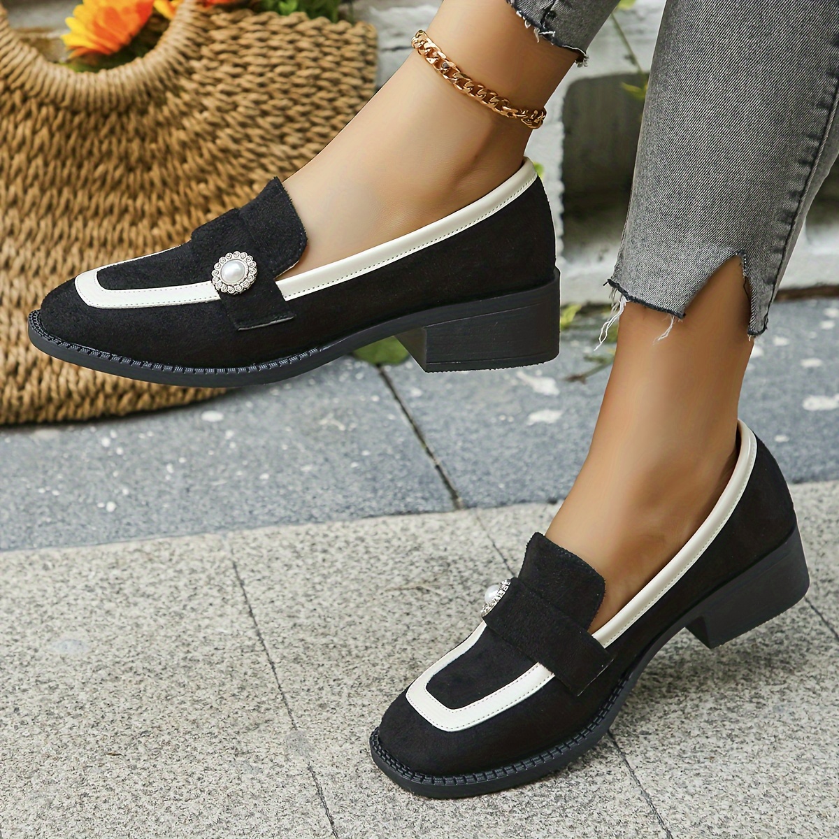 chunky low heel shoes women s contrast color elegant