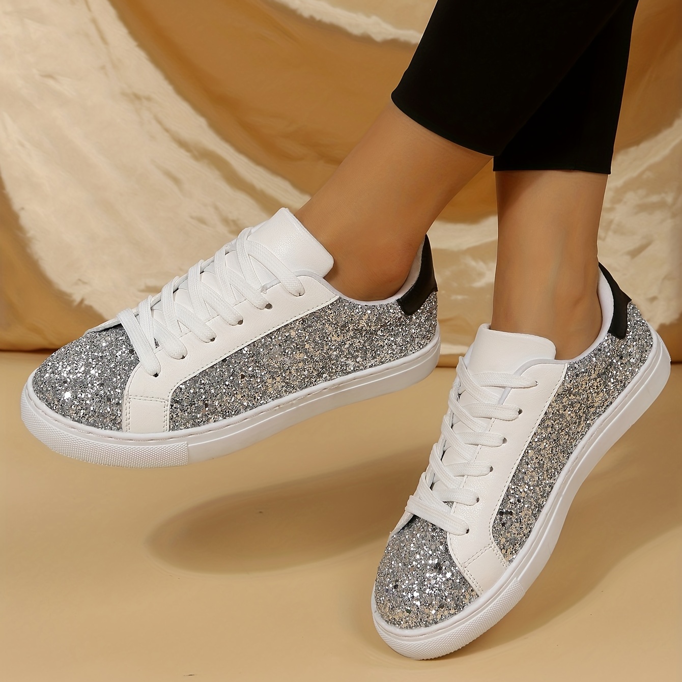 Womens Sparkly Glitter Trainers Sequins Sneakers Lace Up Sports