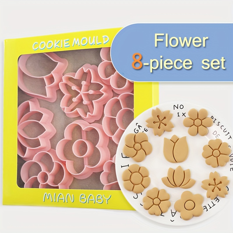 

8pcs Flower Shape Biscuit Molds Set Tulip Peach Blossom Sunflower Pattern Cookie Stamps Biscuit Cutters Home Diy Baking Tools