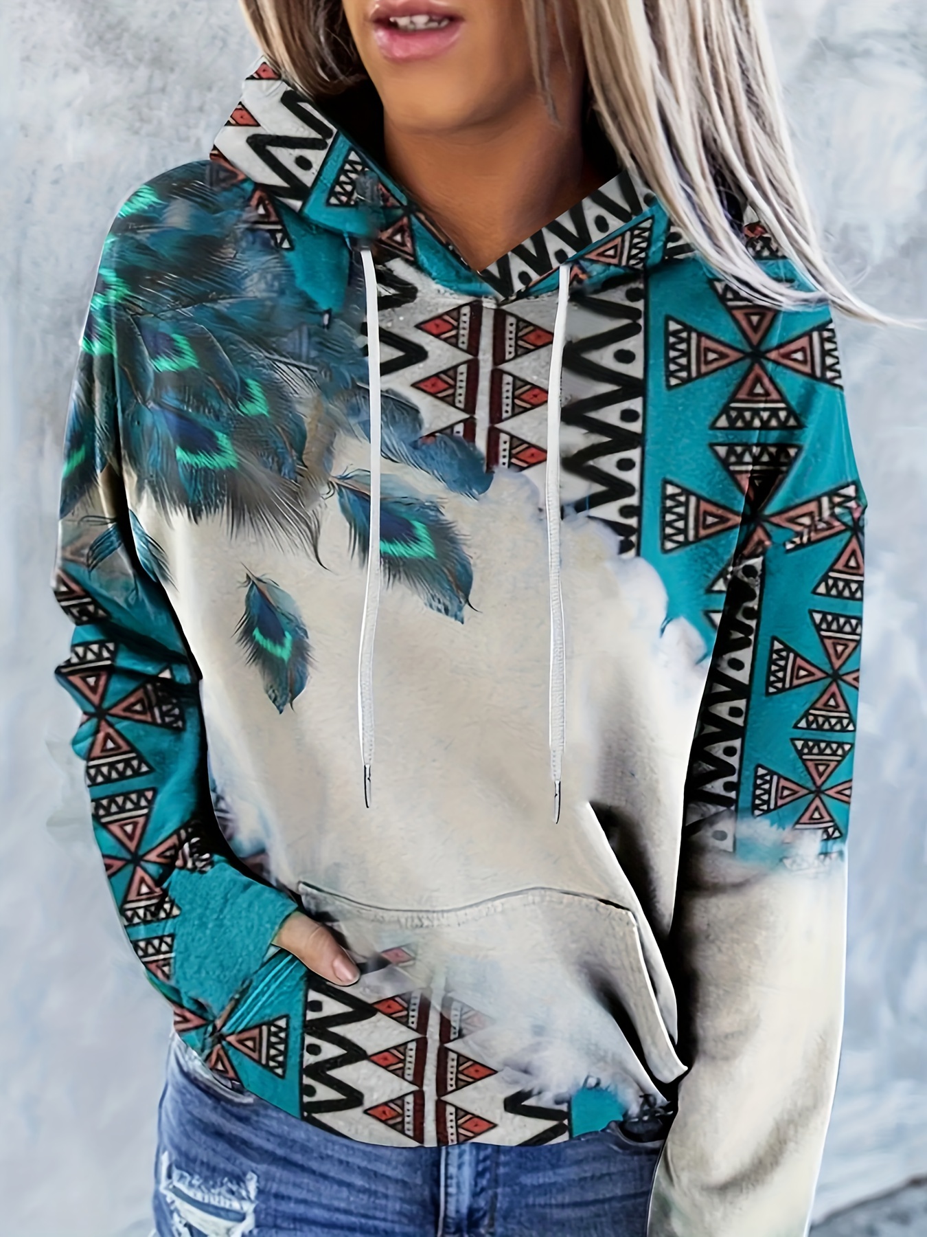 Aztec Print Drawstring Hoodies, Ethnic Kangaroo Pocket Zipper Long Sleeve  Sweatshirt, Women's Clothing