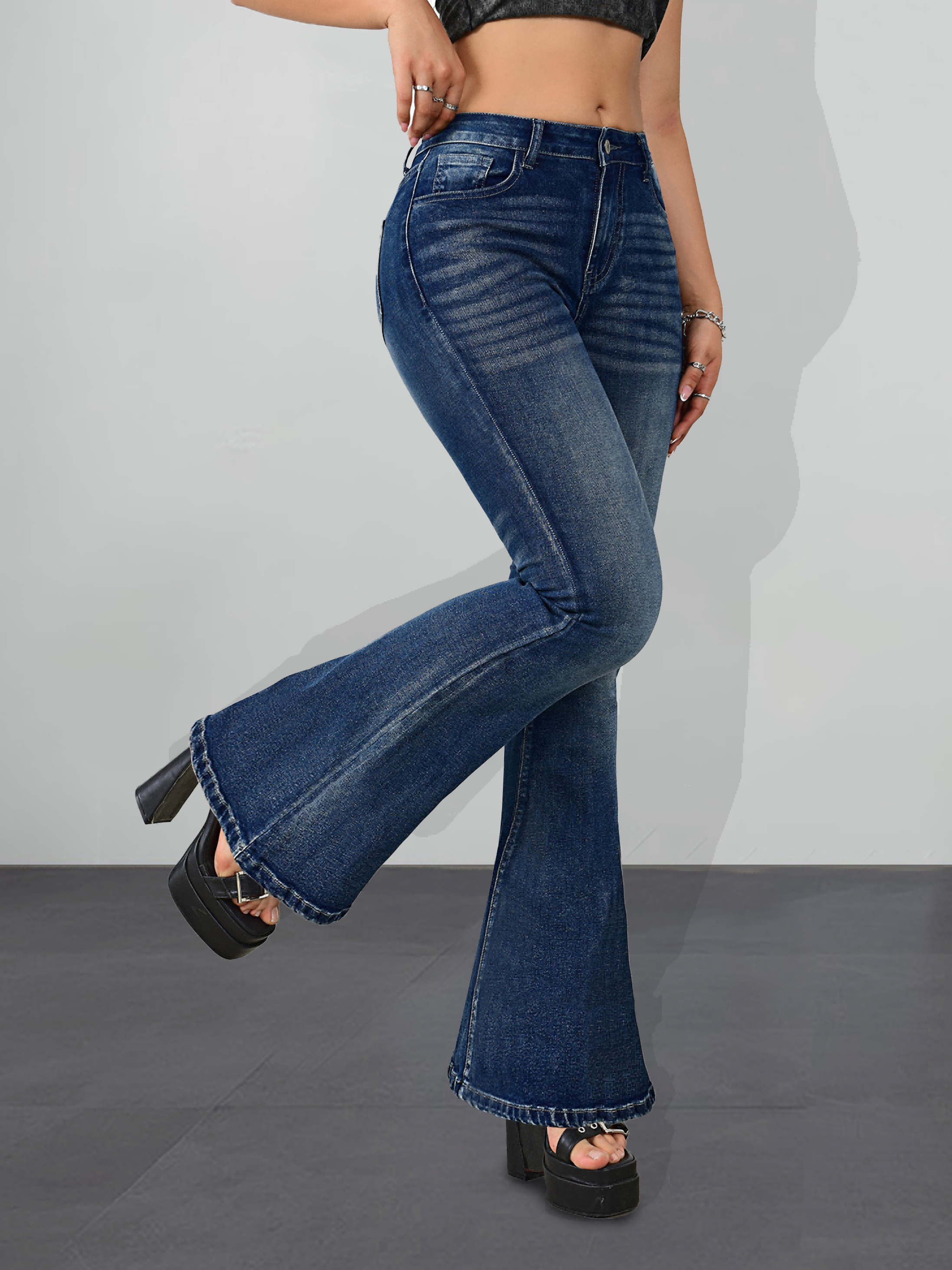 Blue High Stretch Flare Jeans Slim Fit Slant Pockets - Temu