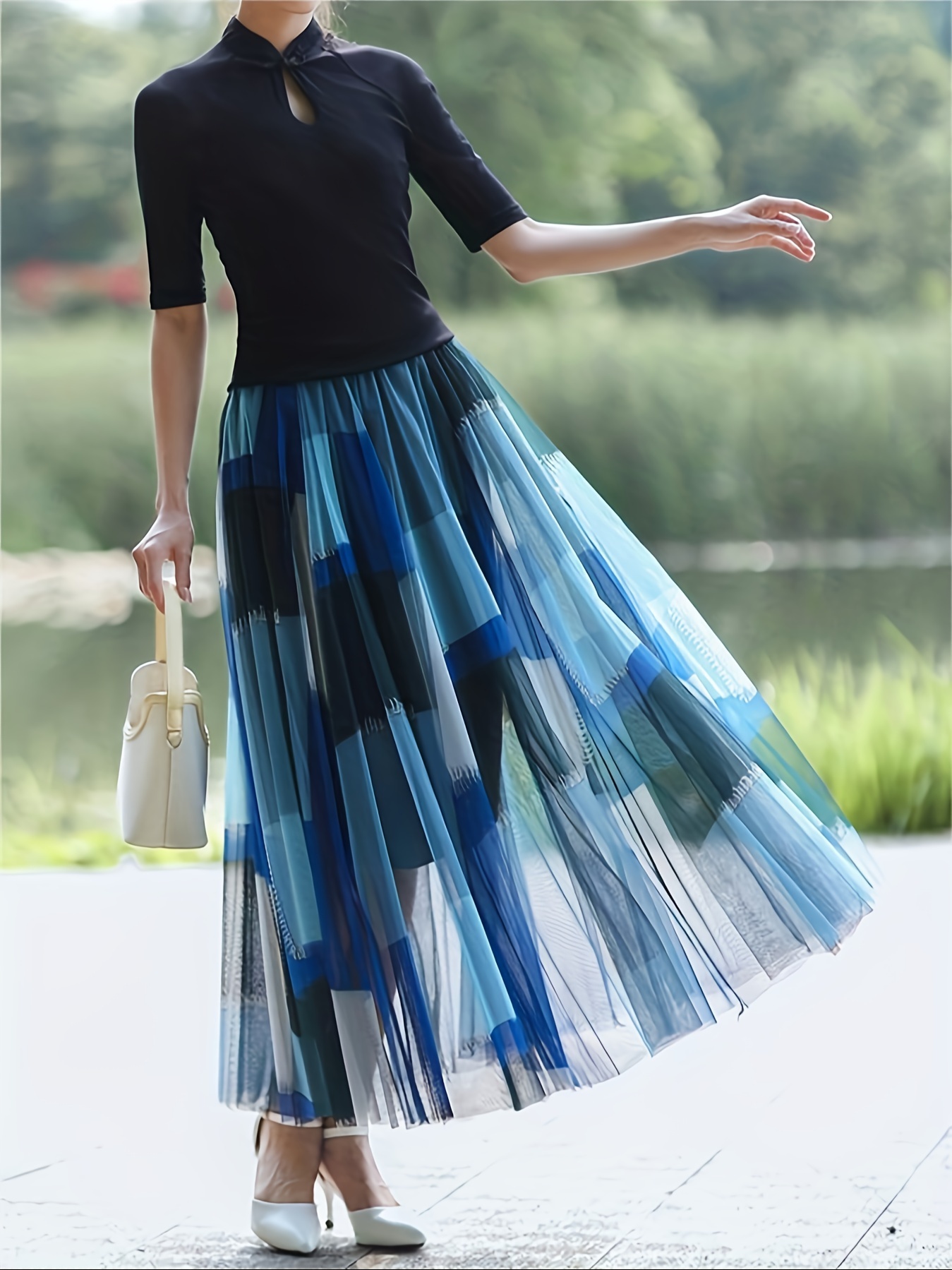 Plus Size Sequin Decor Mesh Skirt, Casual High Waist Pleated Midi Skirt,  Women's Plus Size Clothing