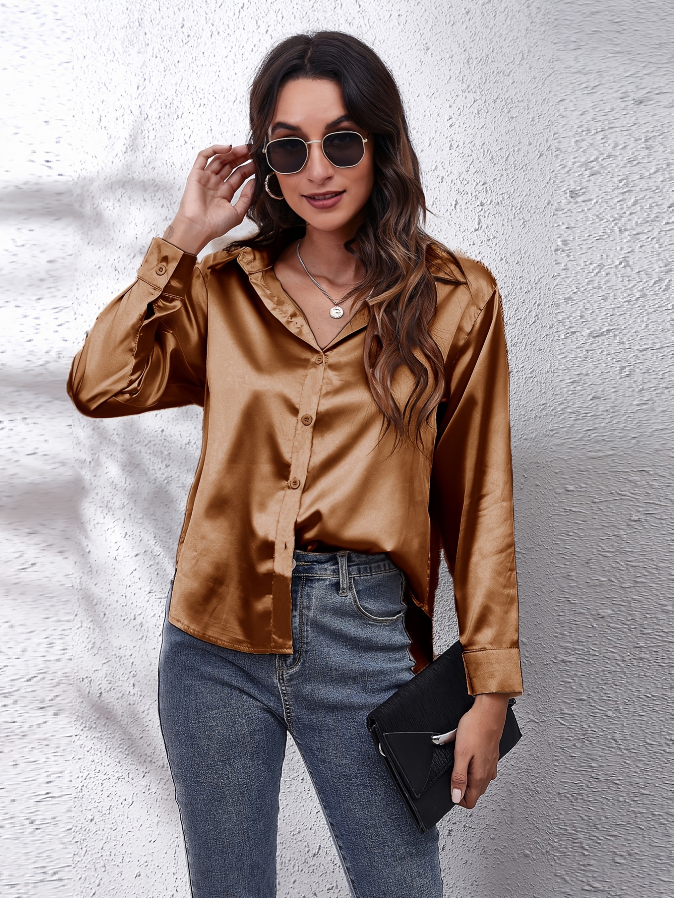 Solid Color Long Sleeve Button Tops Business Casual Blouses - Temu Canada