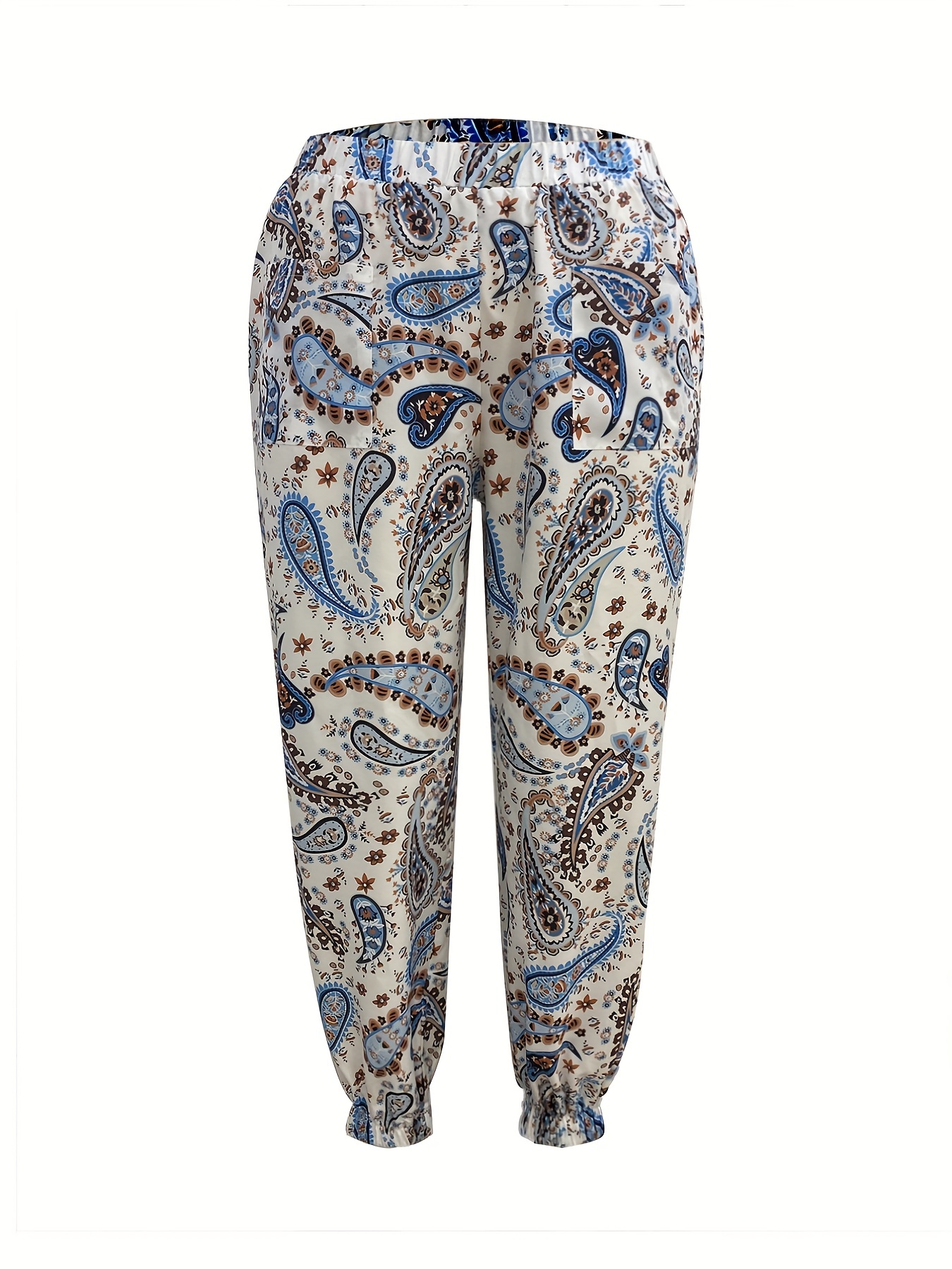 Plus Size Boho Pants, Women's Plus Paisley Print Slight Stretch Beach Pants  With Pockets