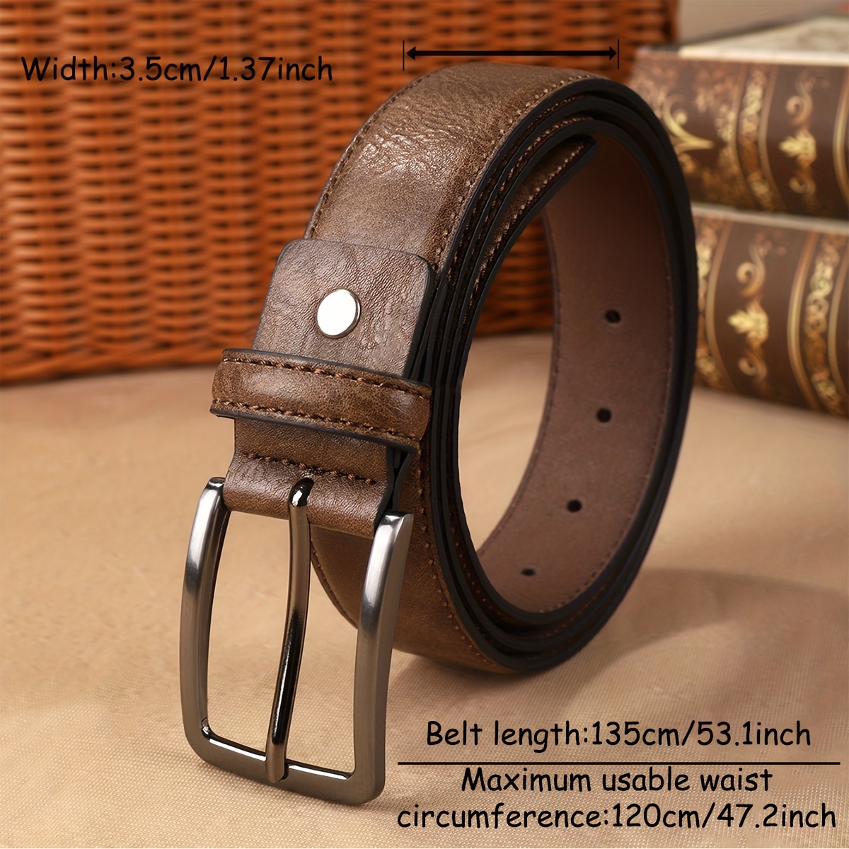 Golden round solid brass buckle - light brown leather belt - 3.5cm width