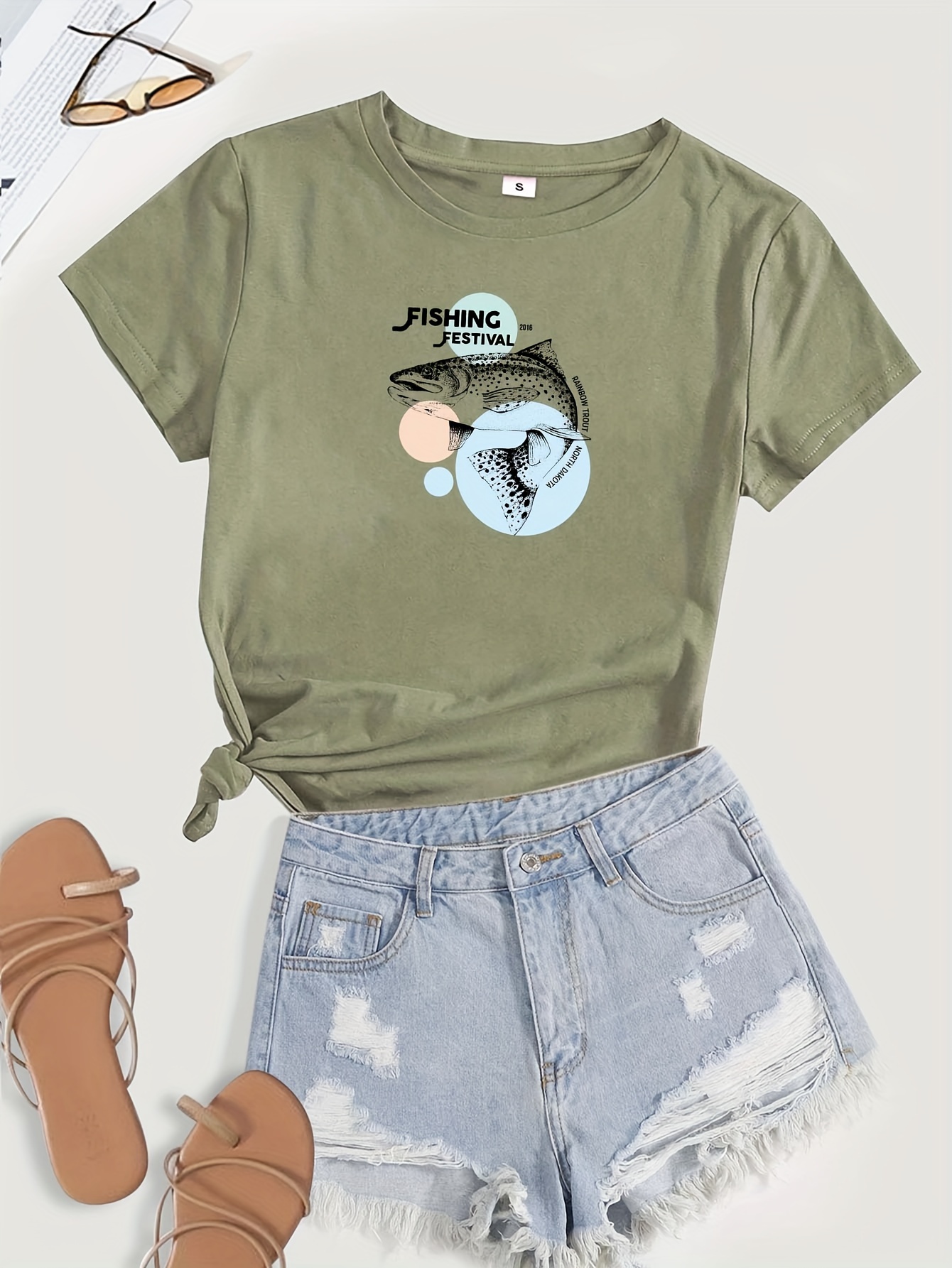 Fish Print Crew Neck T-Shirt, Casual Short Sleeve T-Shirt For Spring &  Summer, Women's Clothing