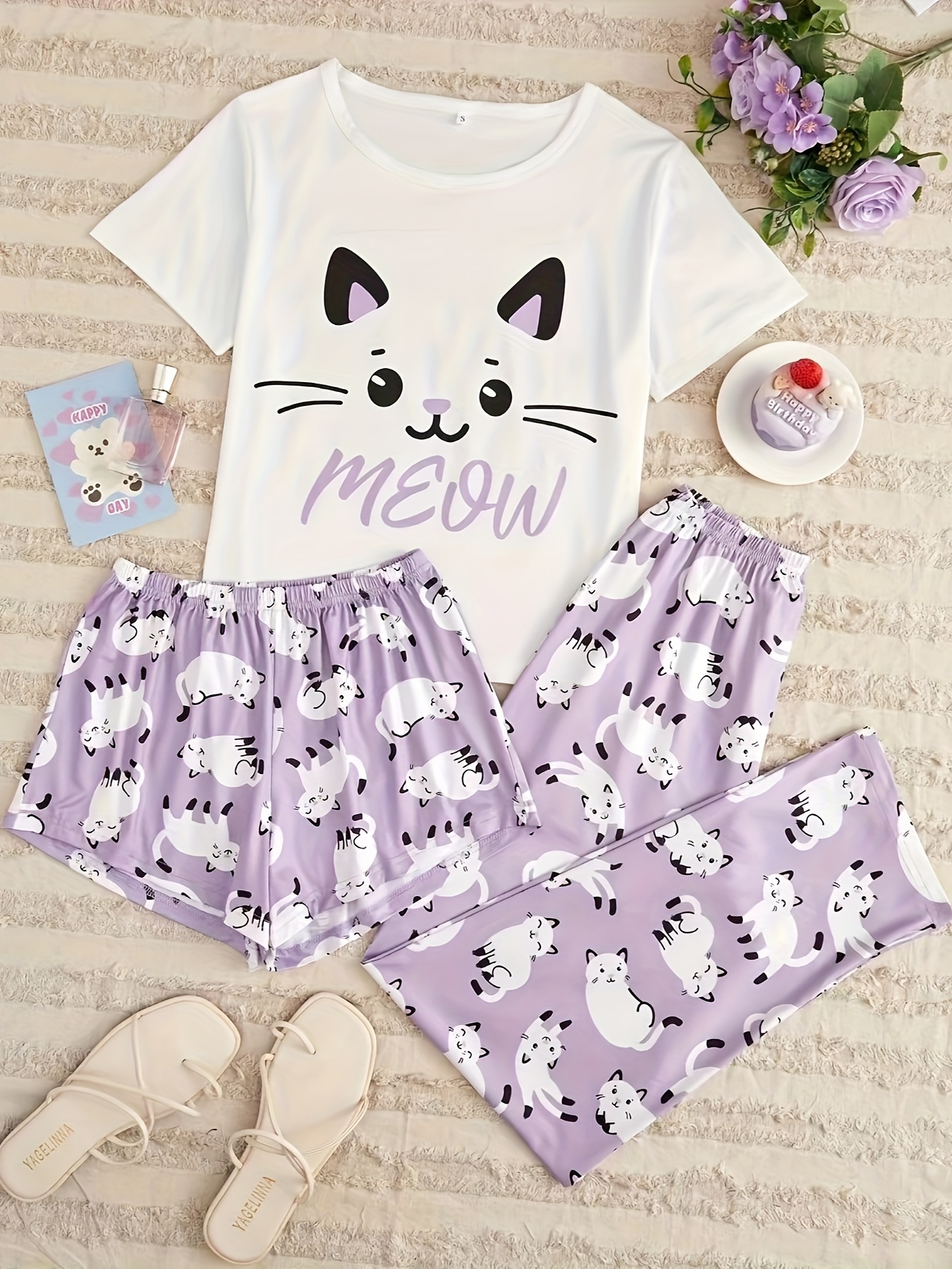Plus Size Cute Pajama Set Women's Plus Cat Print Short - Temu