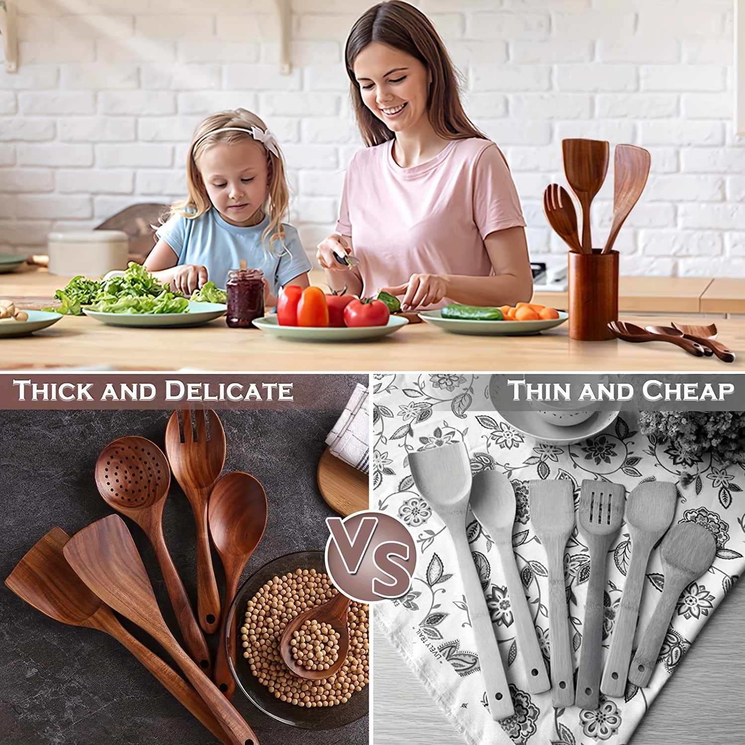 Wood Spoons for Cooking,Nonstick Kitchen Utensil Set,Wooden Spoons Cooking  Utensil Set Non Scratch Natural Teak Wooden Utensils for Cooking(Teak 8