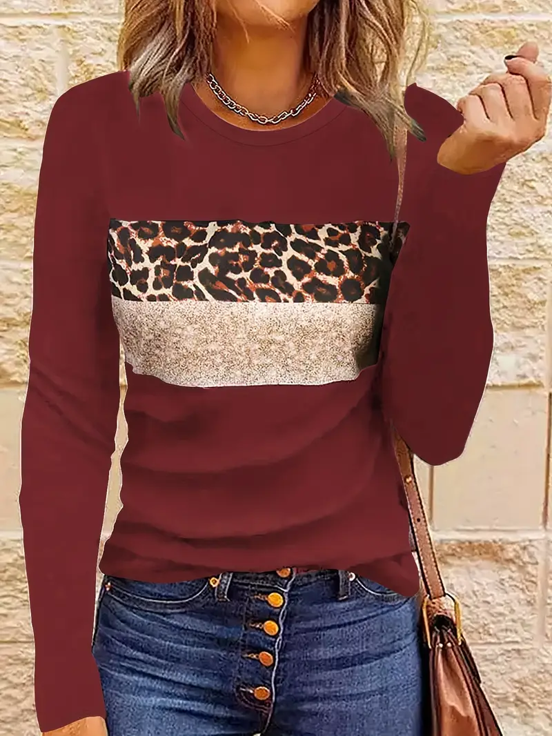 leopard print crew neck t shirt casual long sleeve top for spring fall womens clothing burgundy 0