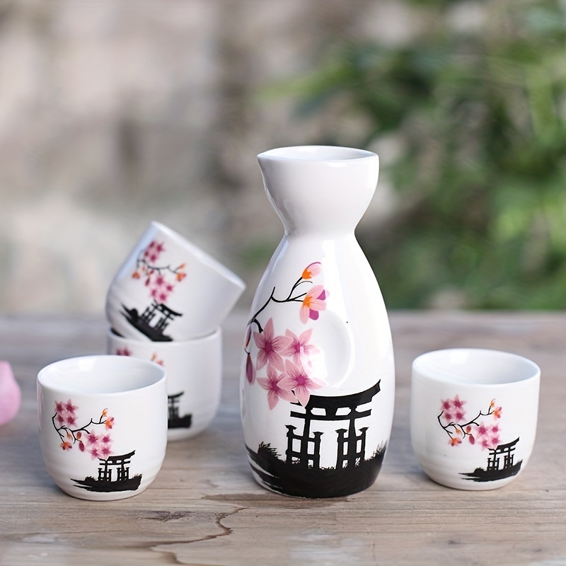 5pcs Ensemble de saké japonais à fleurs blanches et roses peintes