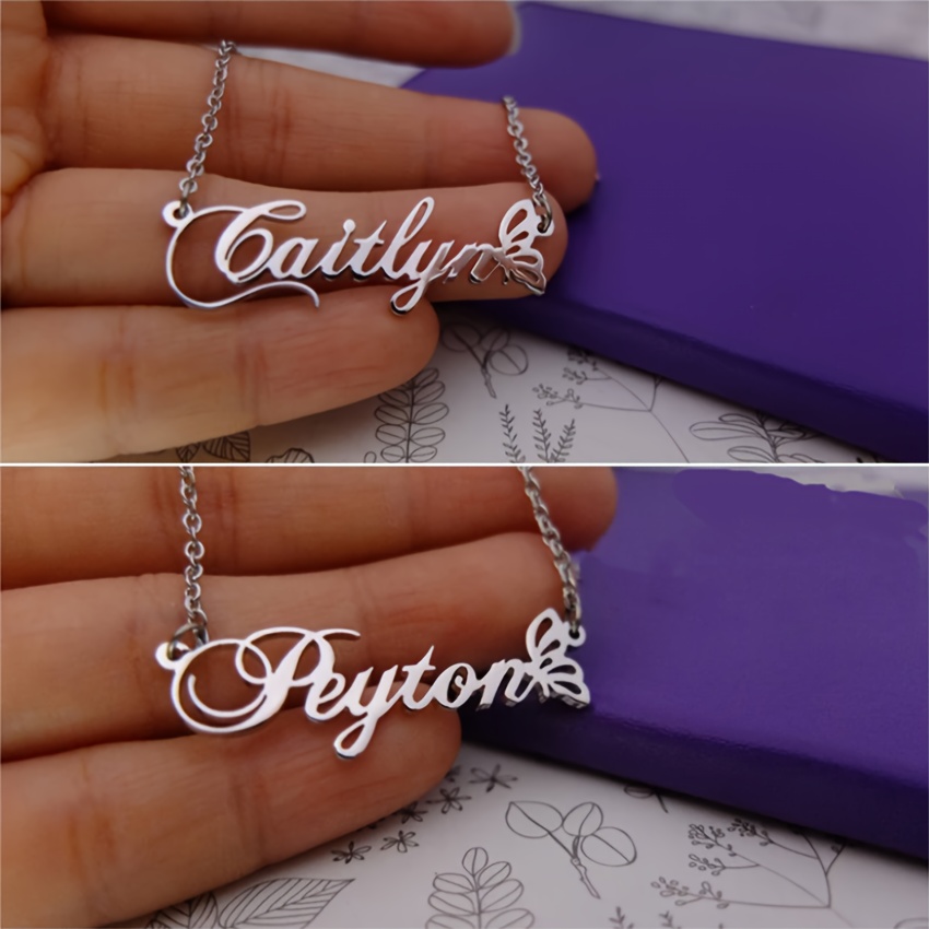 

Personalized Stainless Steel Butterfly Name Necklace Butterfly Pendant English Letter Name Necklace Laser Cut Customized Necklace Jewelry Gift Accessories For Women