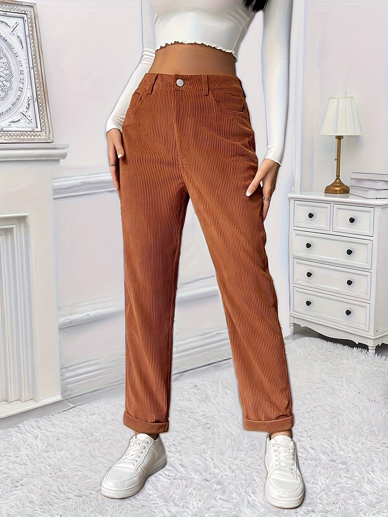 longkeshop Women Corduroy Pants Mid High Waist Corduroy Wide Leg Straight  Casual Trousers (Khaki, M) : : Clothing, Shoes & Accessories
