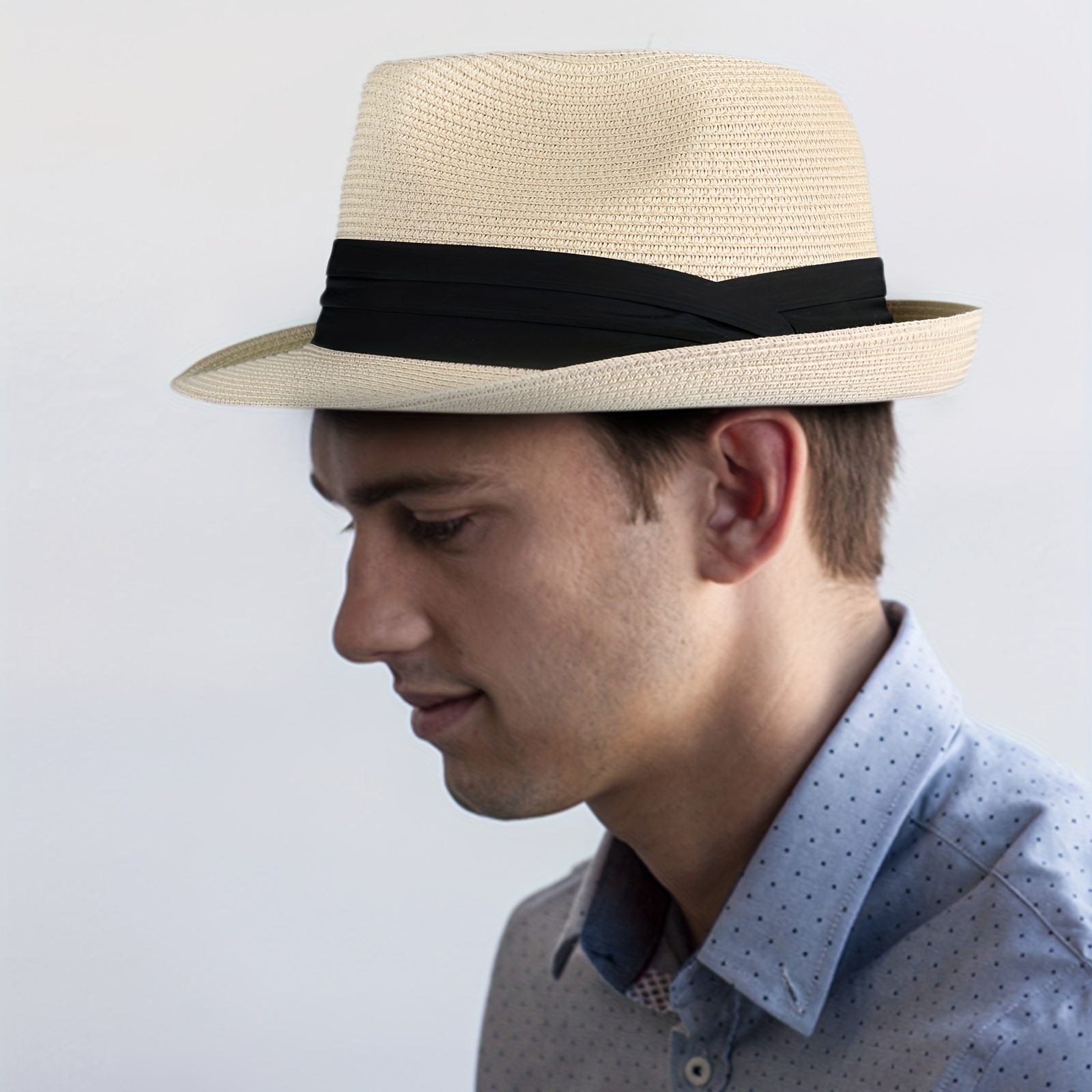 Beige Mature Foldable Hat, Men's Up Short Brim Panama Beach Fedora Straw Hat for Men,Temu