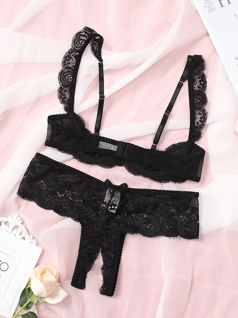 Sexy Floral Lace Lingerie Set Open Bust Bra Crotchless - Temu Germany