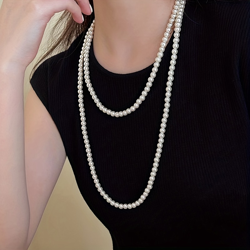 

Classic Imitation Pearl Necklace Sweater Chain For Women Autumn And Winter Long Double Layer Faux Pearl Necklace With Cheongsam Accessories Gift