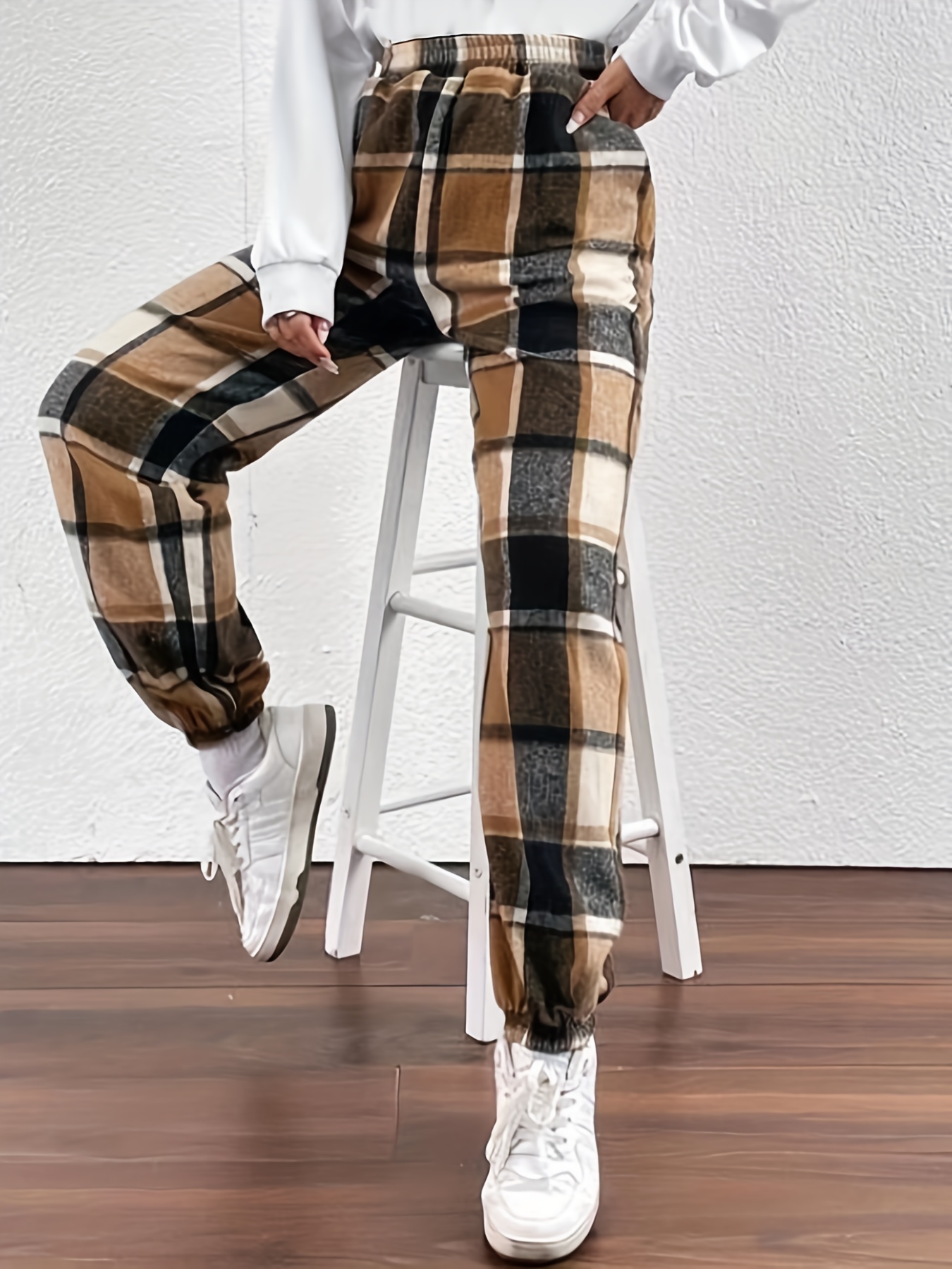 Pantalones jogger de cintura elástica con estampado de cuadros, pantalones  térmicos casuales para otoño e invierno, ropa de mujer