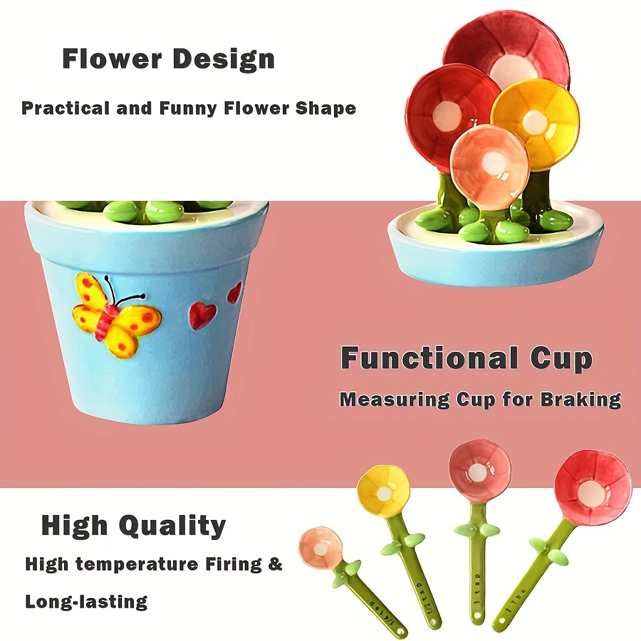 Flower Measuring Spoons Set With Storage Holder Pot Cute - Temu