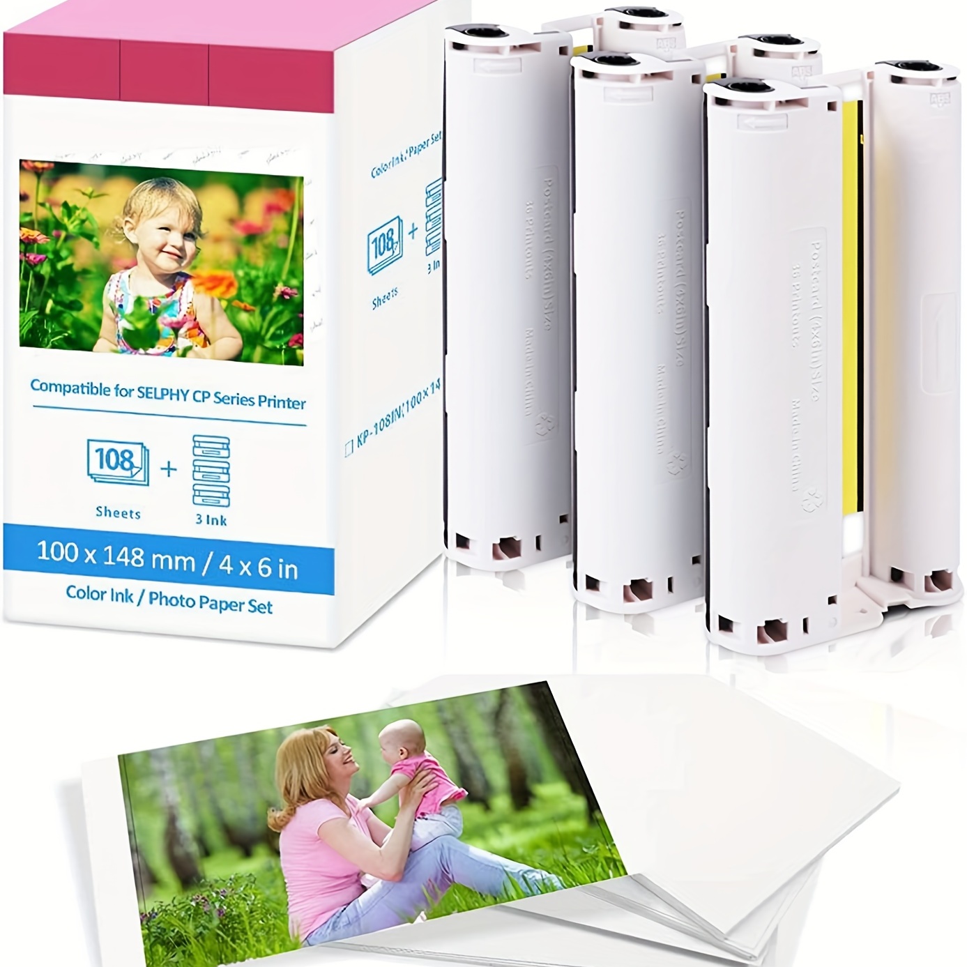 Ink & Photo Paper Compatible Canon Selphy CP1300 CP1500 CP1200 Printer  KP-108IN 10x15cm 6' x4' 108 Sheets 3 Colour Ink Cassette
