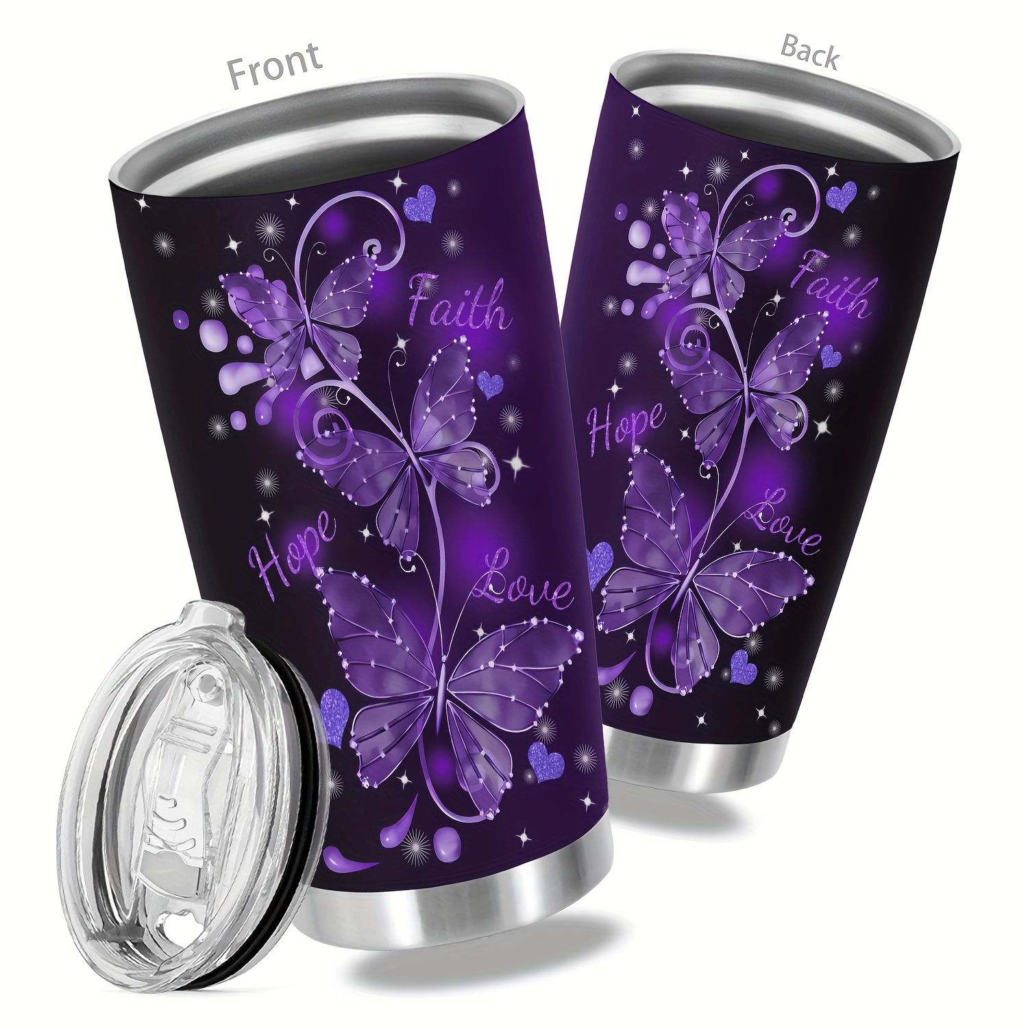 Purple Butterfly Tumbler Cup With Lid Stainless Steel Double - Temu