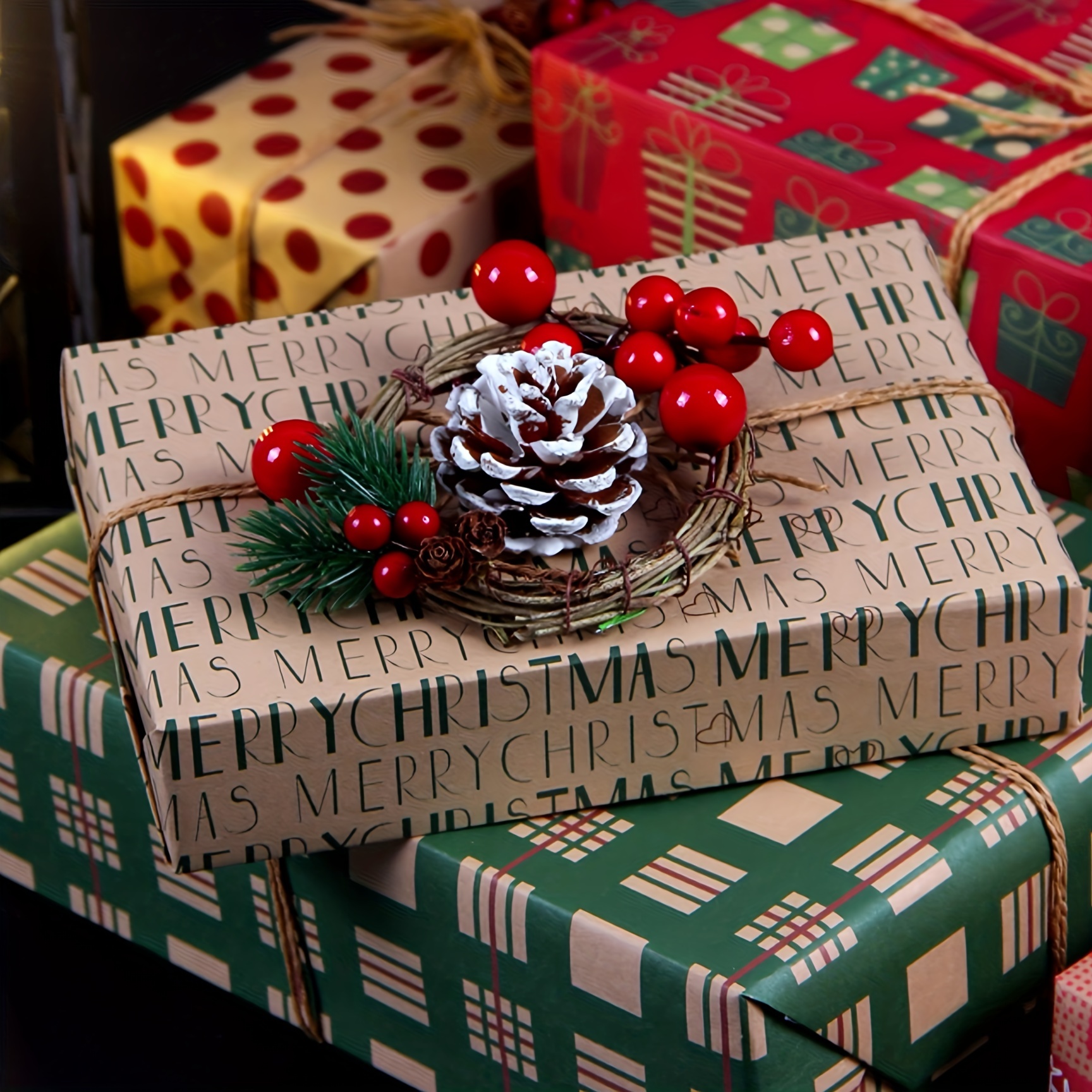 Christmas Wrapping Paper Brown Kraft Paper With Red - Temu