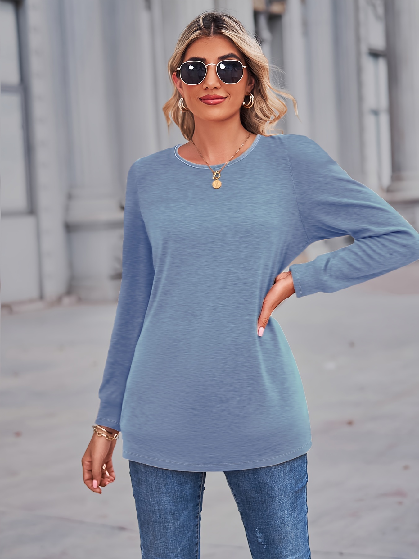 Plus Size Casual Top Women's Plus Solid Long Sleeve Round - Temu Canada