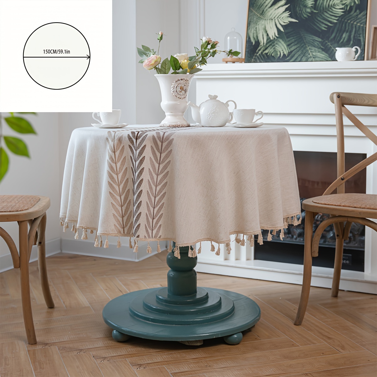 Image of 1pc, Tablecloth, Leaf Embroidered Tassel Round Table Cover, For Picnic Or Holiday Party, Room Decor