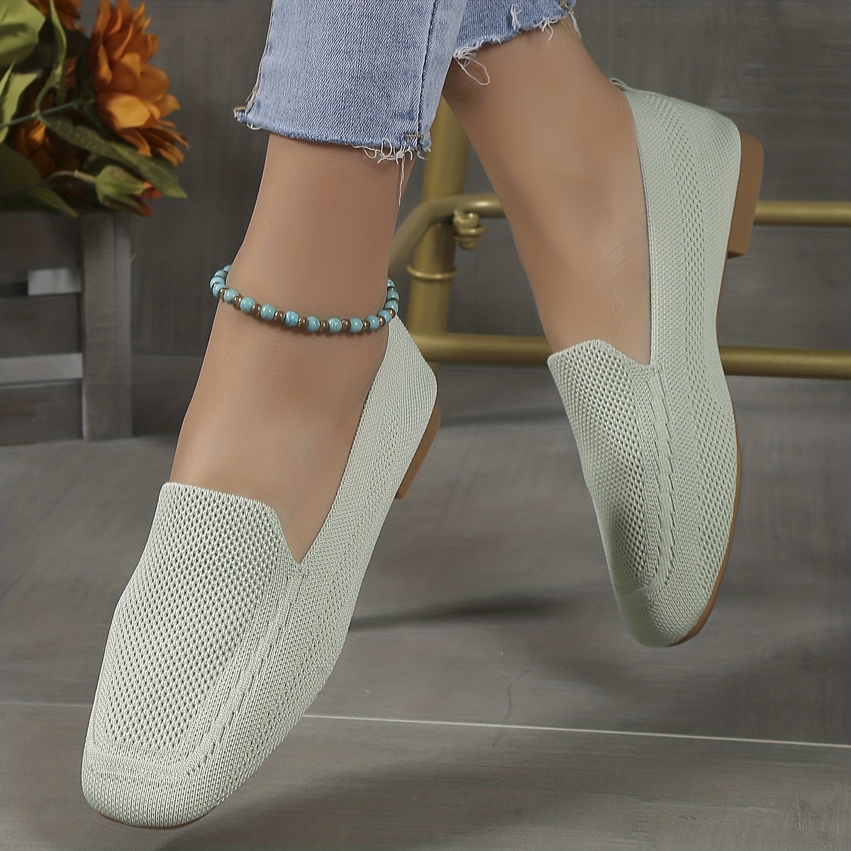 women s knitted flat shoes comfy solid color square toe slip details 30