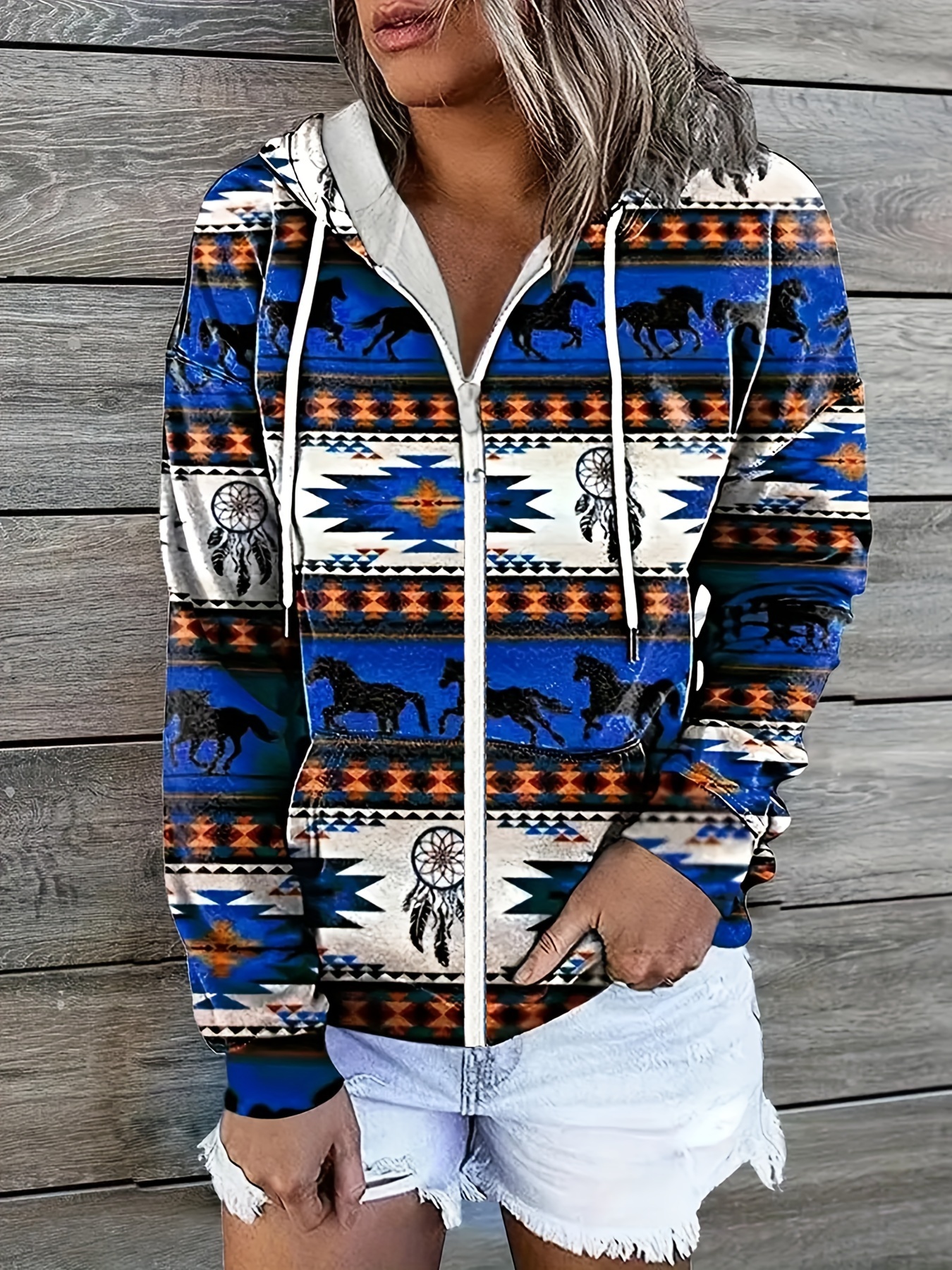 Aztec Print Quarter Zip Loose Sweatshirt, Casual Long Sleeve Western Style  Sweatshirt, Women's Clothing