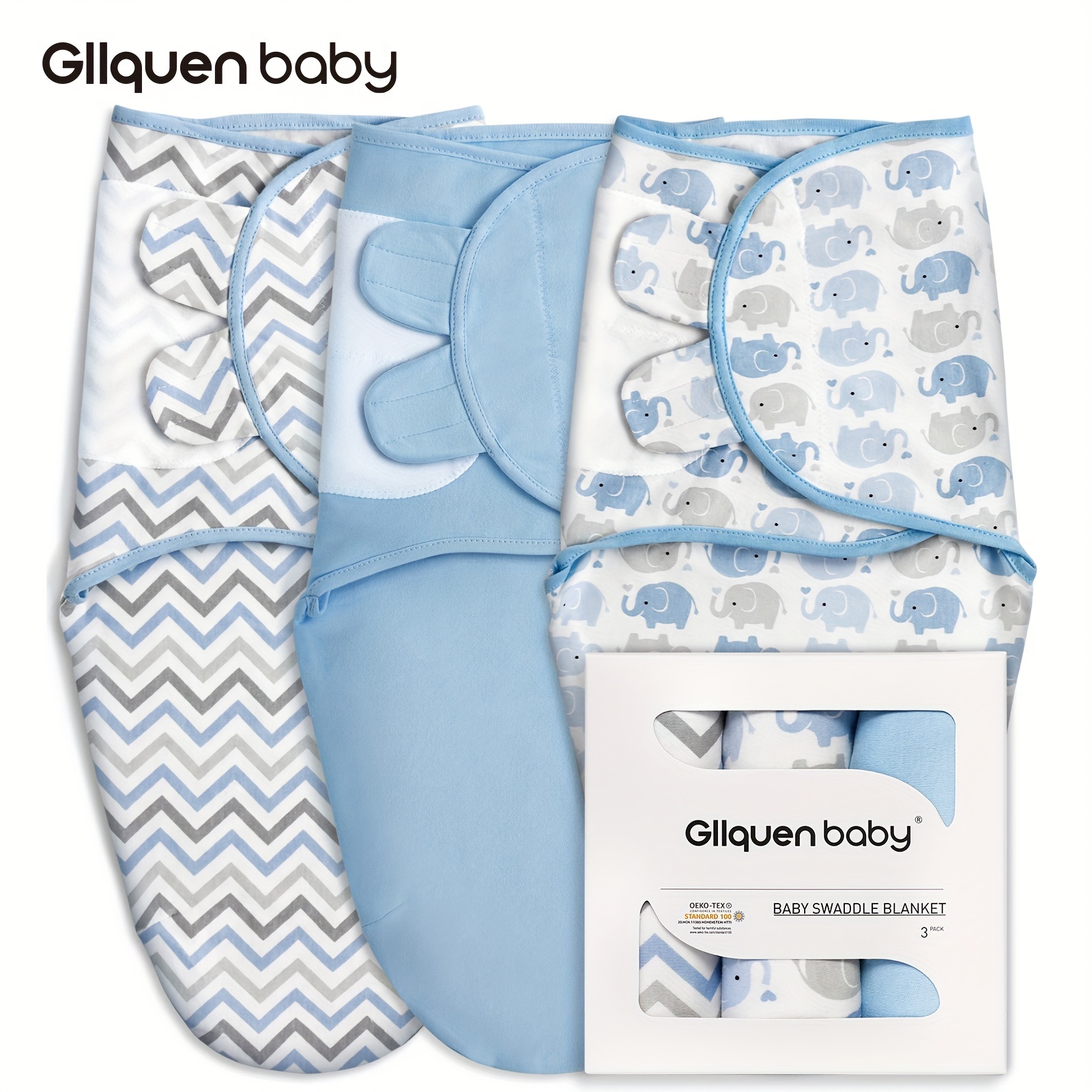 Gllquen Baby Organic Cotton Swaddle 3-Pack for 0-3 Months Newborn Infant  Boys Girls, Blue Elephants