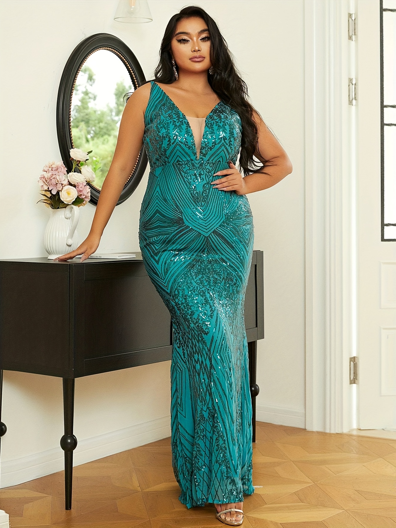 Plus Size Sexy Bridesmaid Dress, Women's Plus Glitter Sequin Adjustable  Strap Deep V Neck Backless Mermaid Hem Wedding Party Dress