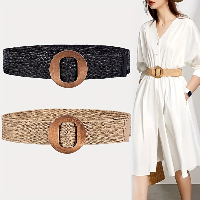 Ladies Women Wide Braided Woven Straw Waist Belt Round Wooden Buckle Belts  Dress