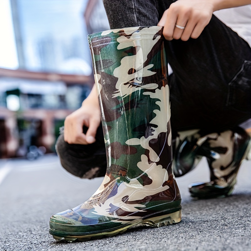 Mens Knee High Camouflage Rain Boots Comfy Non Slip Waterproof