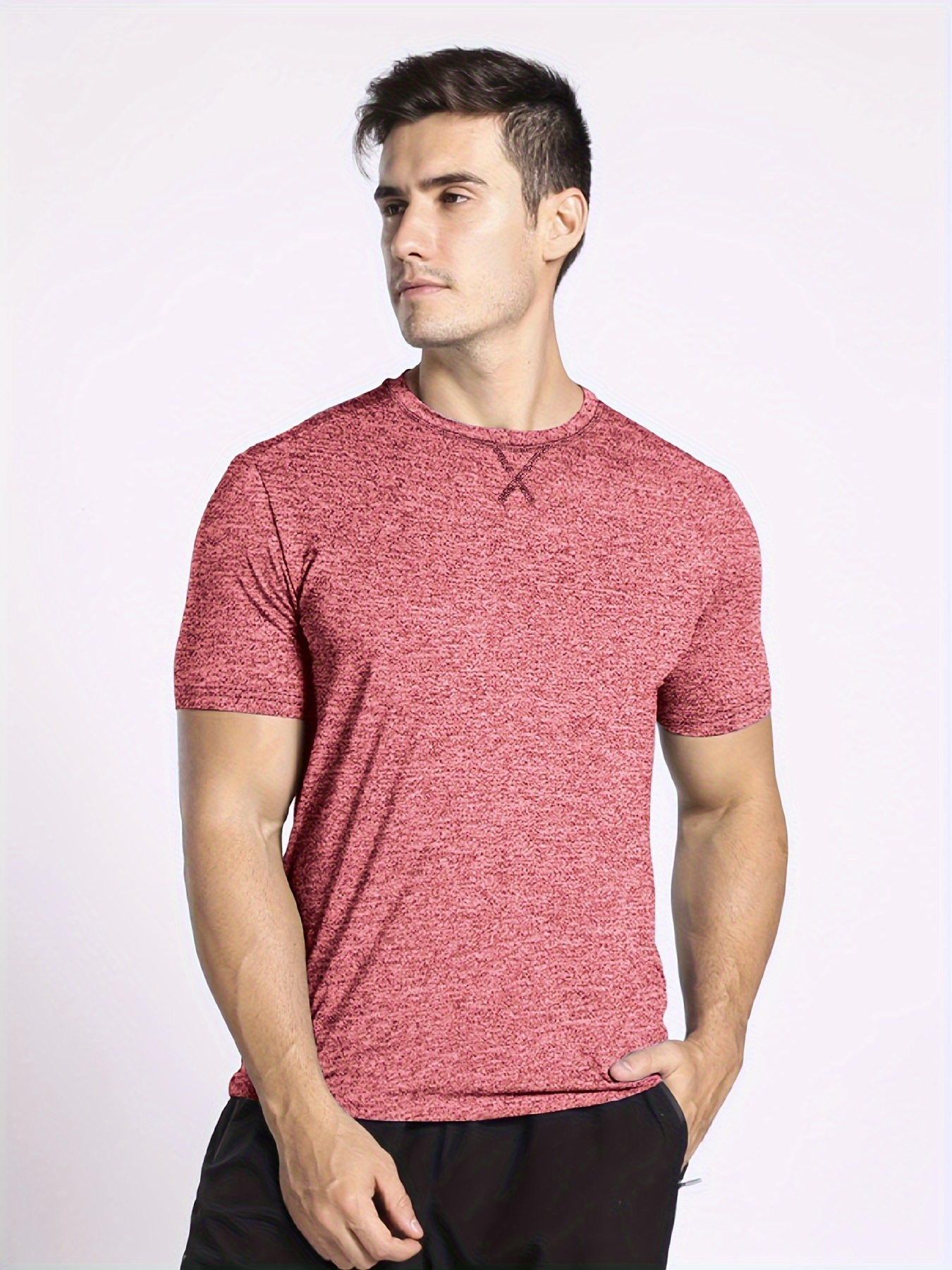 Men's Solid Knit T-shirt With Assorted Colors, Athletic Comfy Soft Mid  Stretch Crew Neck Tee Top, Men's Clothing For Summer Outdoor