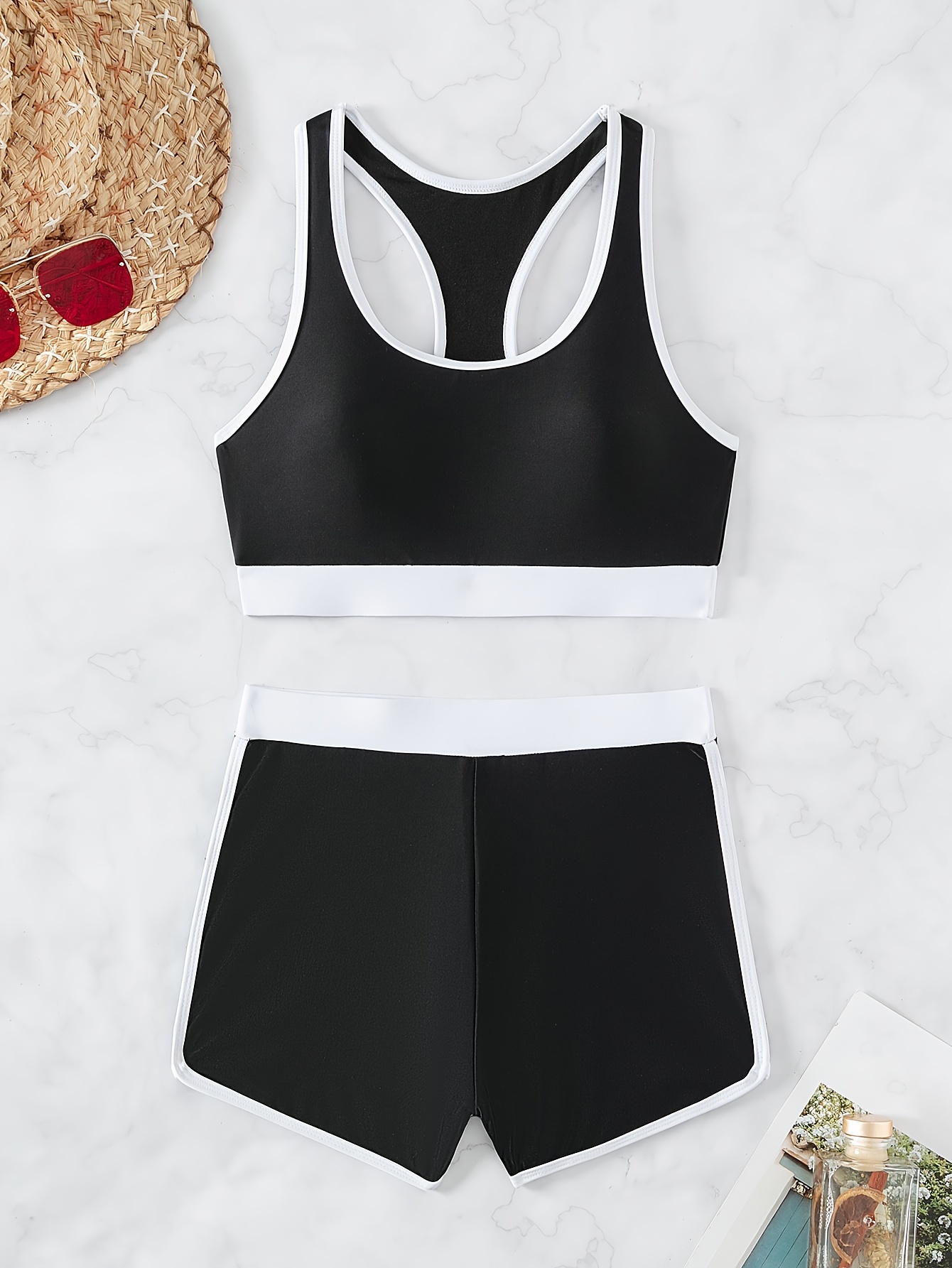 Black White Contrast Trim Racer Back Tankini Scoop Neck High - Temu