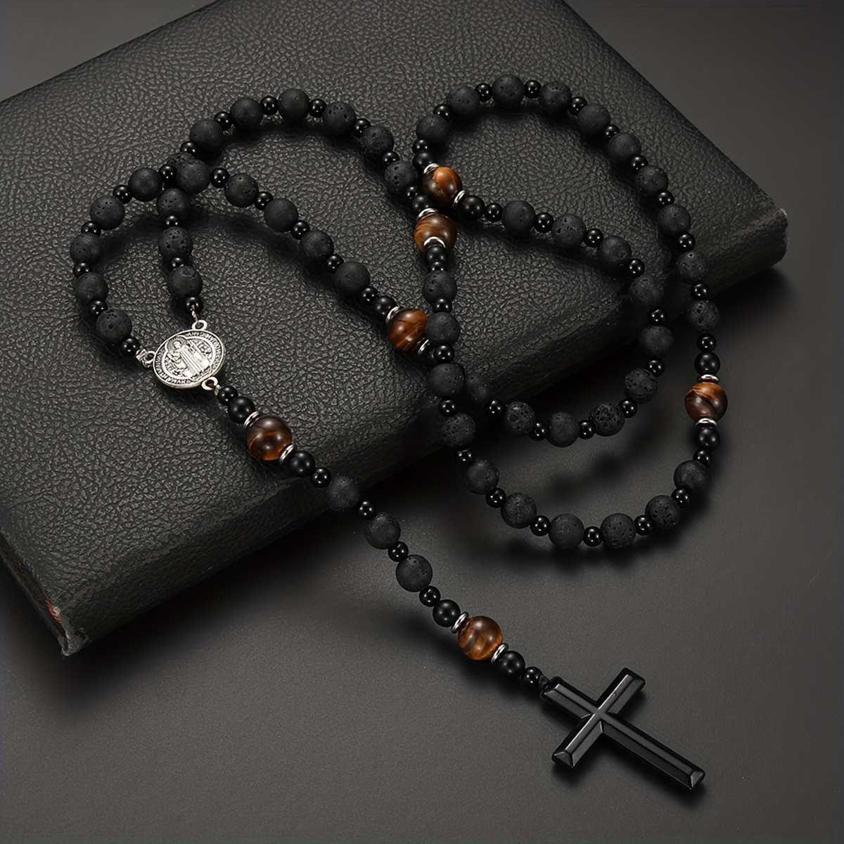 Trendy Black & Yellow Tiger Eye Beaded Pendant Necklace