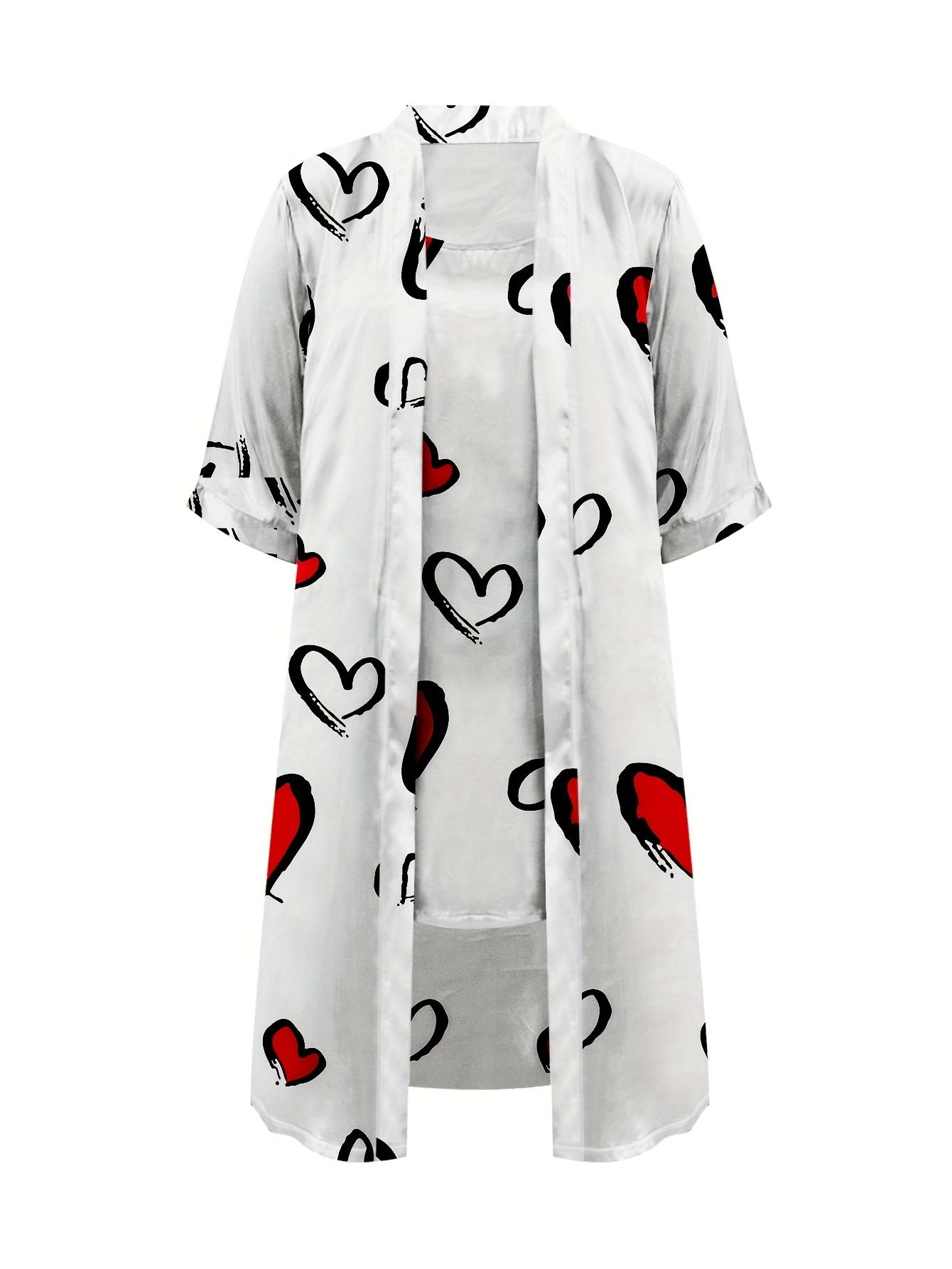 Solid Pajama Set Half Sleeve Robe Belt Crew Neck Slip Dress - Temu