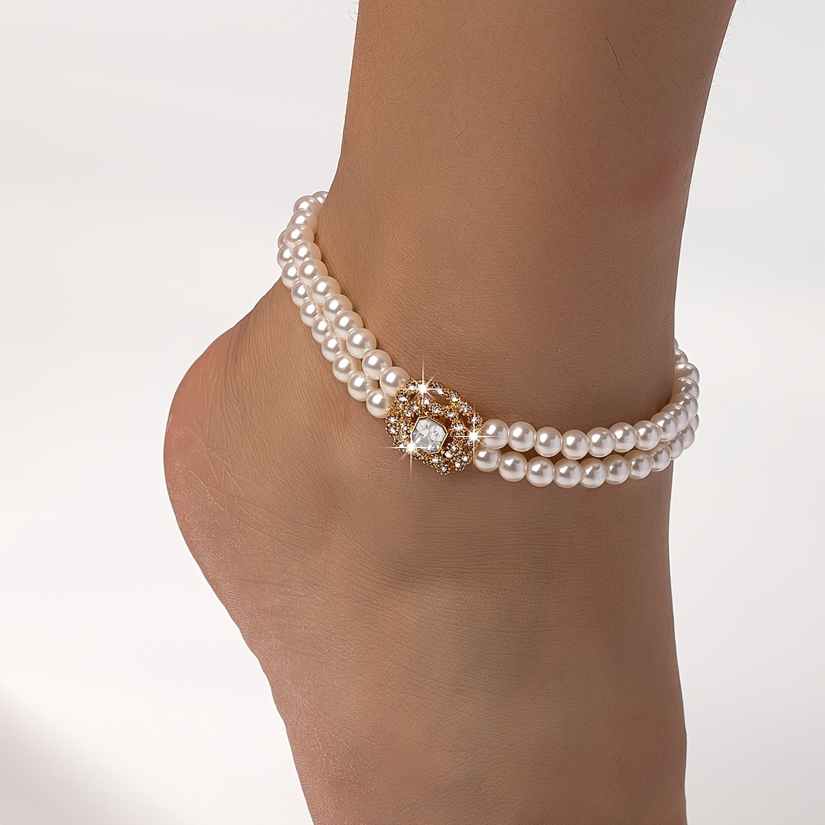 

1pc Shiny Rhinestone Flower Beaded Anklet Double Layers Faux Pearls Beads Ankle Bracelet
