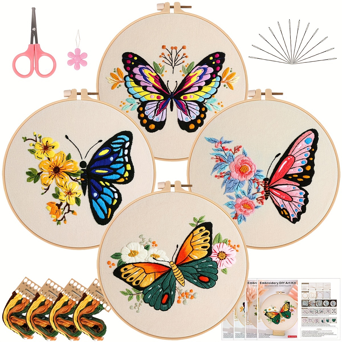 Juego (4 piezas) Kit de bordado, mariposas y flores, incluye 1 aro de  bordado de 7,9 pulgadas