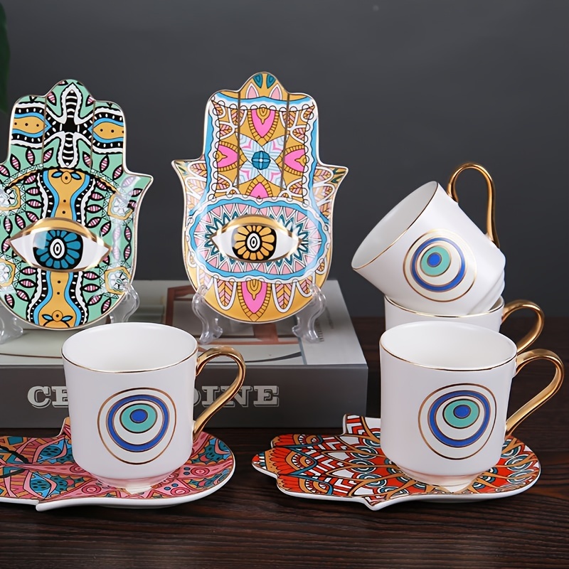 Evil Eye Cups Ceramic Coffee Mug And Plate Set Hamsa Cute - Temu