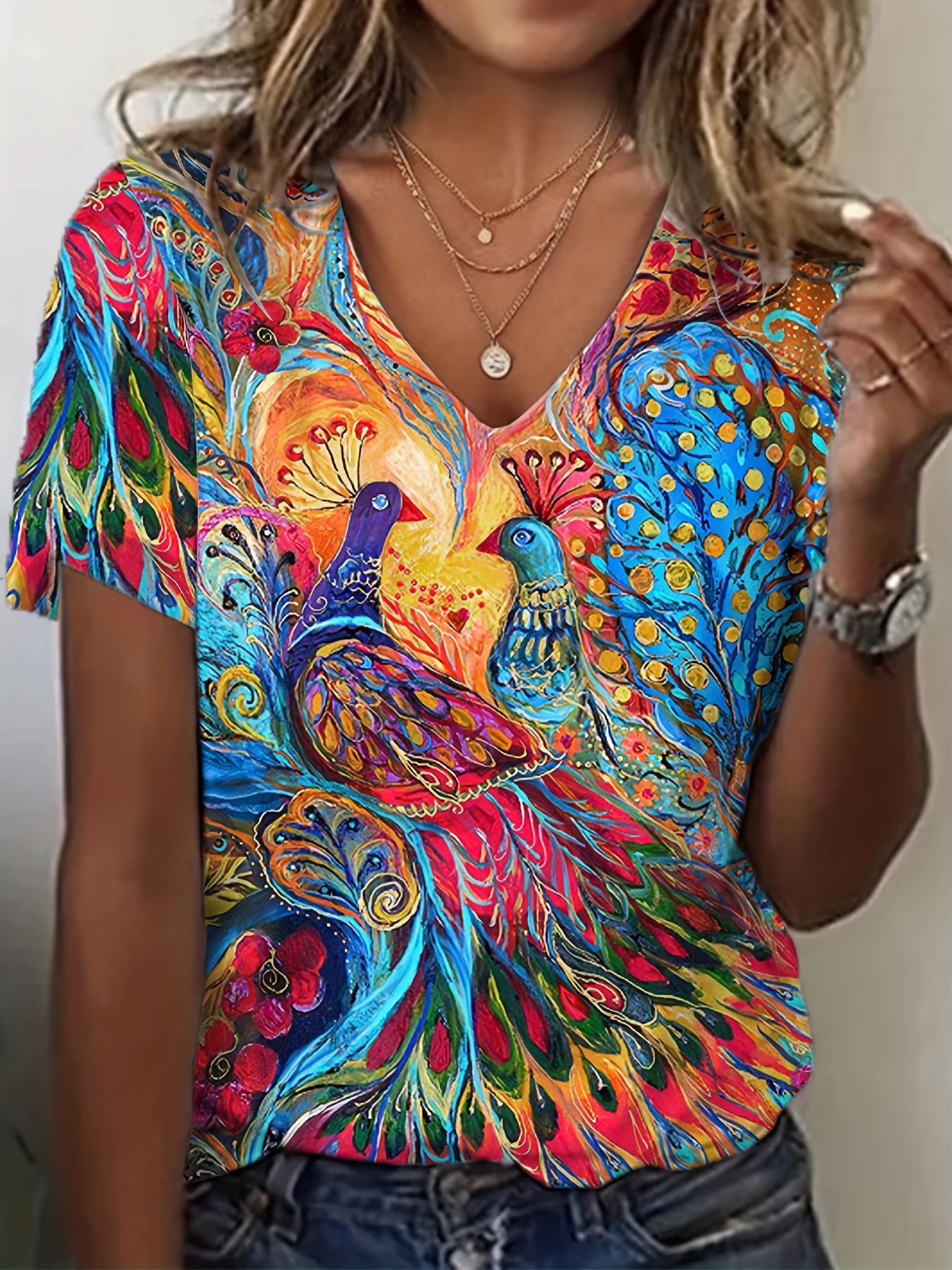 Plus Size Feather Birds Shirt Graphic Tee Women V-neck T 