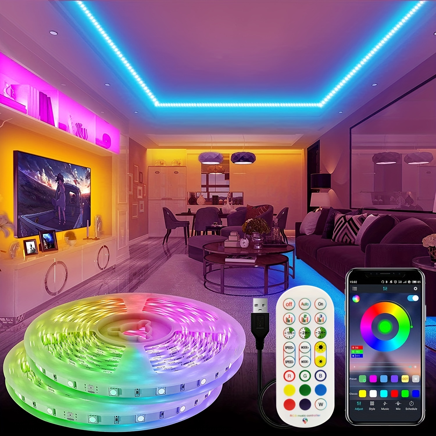 phopollo Luces LED de 20 pies para dormitorio que cambian de color, luces  LED para decoración RGB DIY opción de color con fuente de alimentación y