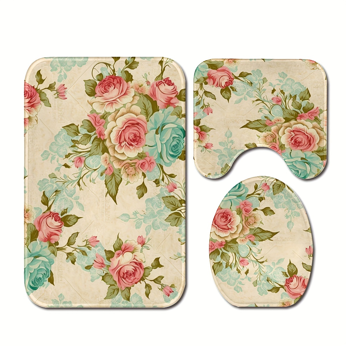 

3pcs/set Flower And Leaves Printed Floor Mat, Three-piece Bathroom Mat Set, Non-slip Mat, Water-absorbent Mat, Toilet Lid Mat, Toilet U-shaped Mat, Floor Rugs