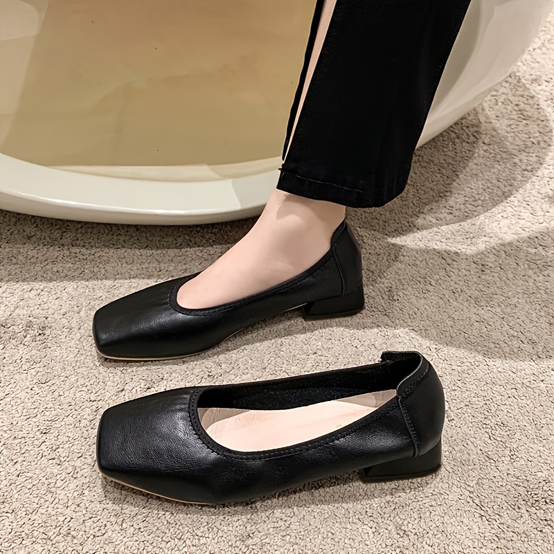 Women's Square Toe Chunky Low Heels Slip On Comfortable Walking Shoes