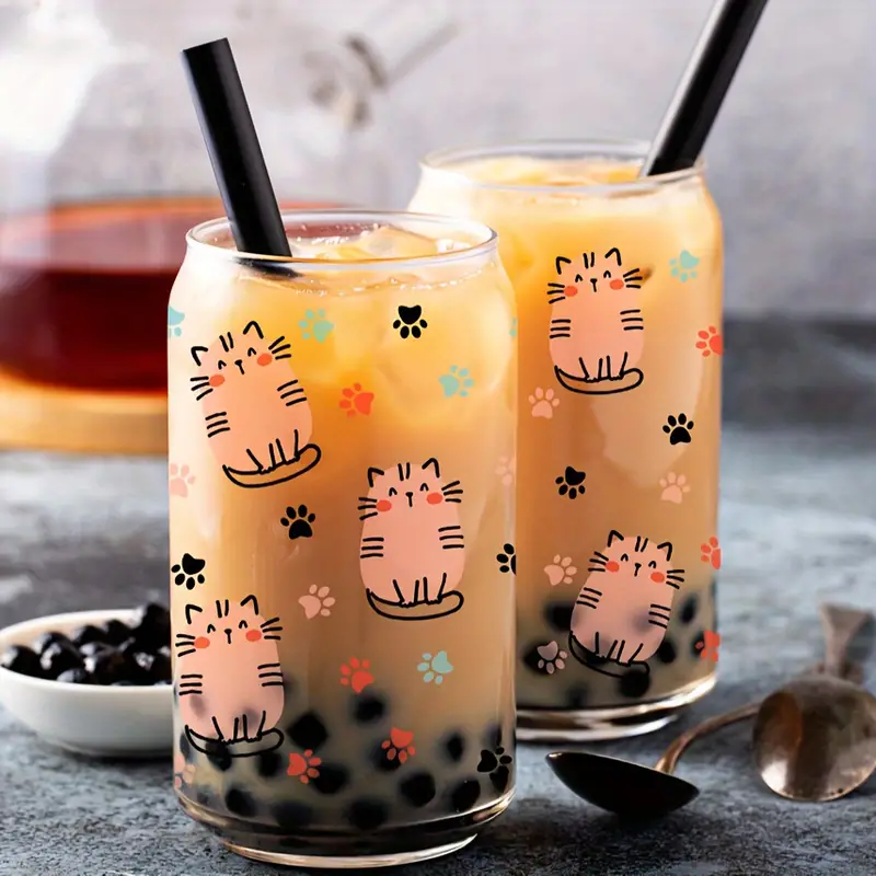 1pc, Kitten Drinking Glass With Lid And Straw, 500ml/16.9oz Can Shaped  Glass Water Cup, Cute Kawaii Cats Iced Coffee Cup, For Beer, Juice, Milk,  Birth