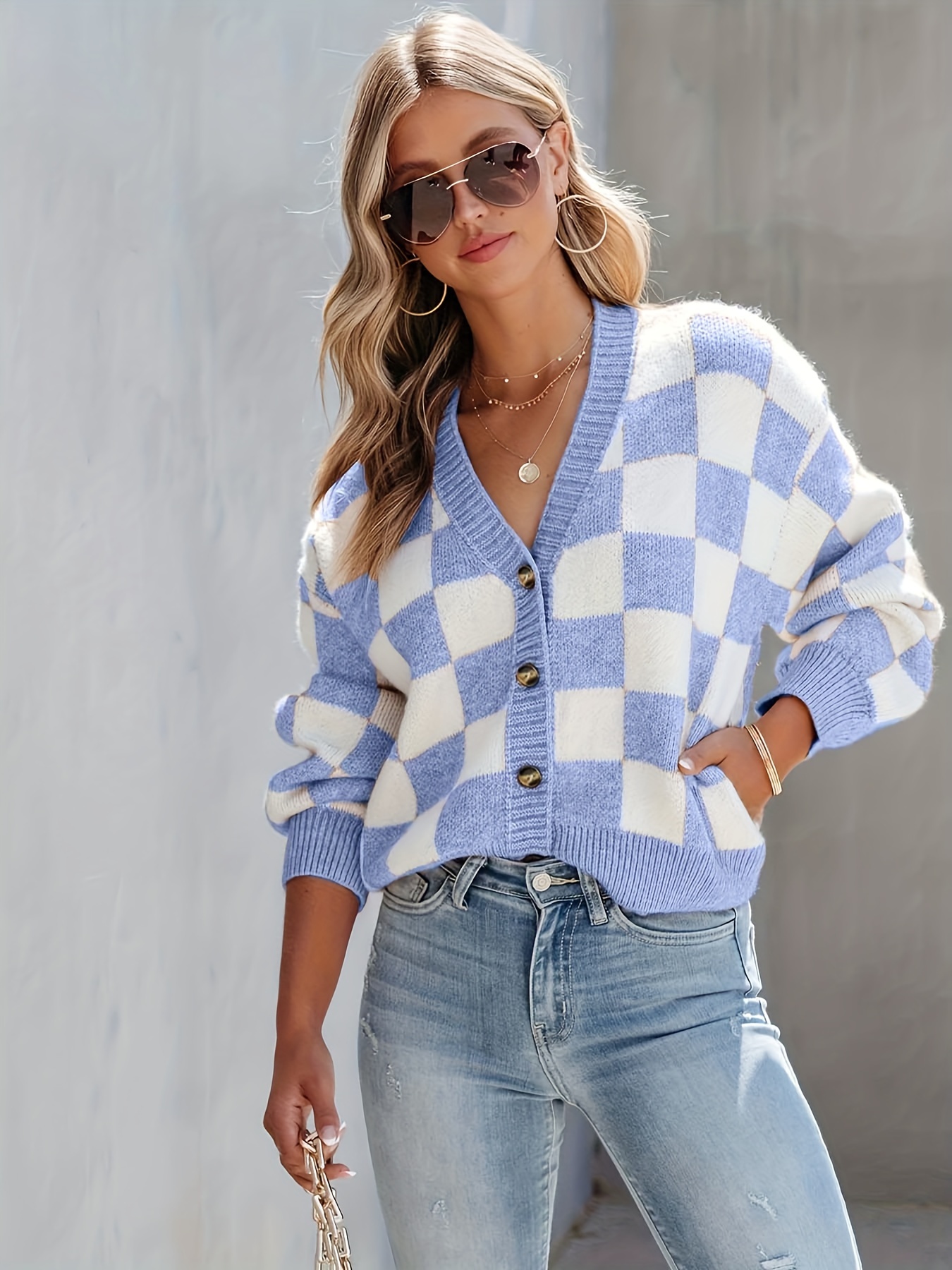 Plaid Button Knit Cardigan Casual V Neck Long Sleeve Sweater Temu