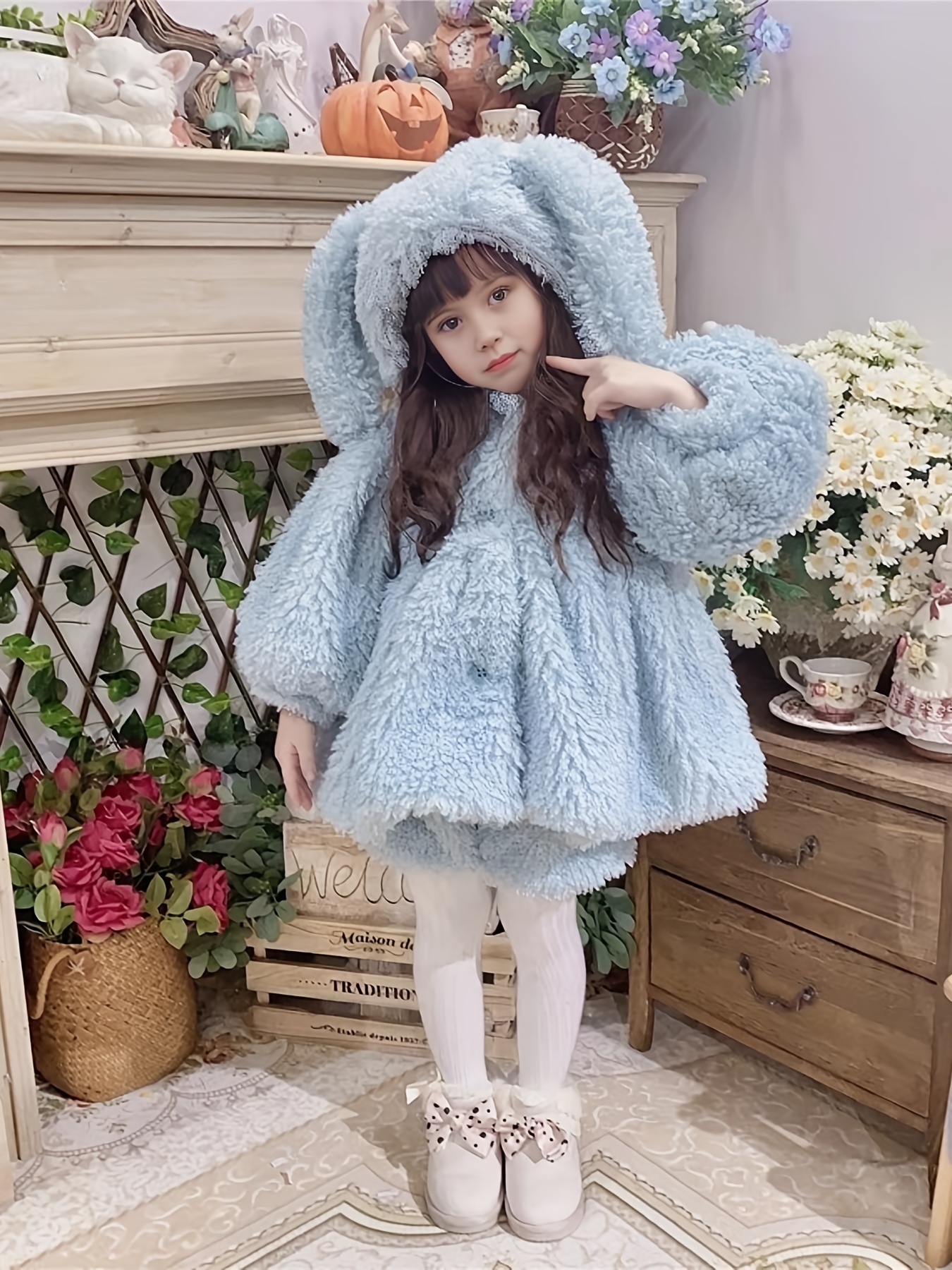 Girls Cute Bunny Ears Design Thermal Fleece Lined Tunic Coat - Temu