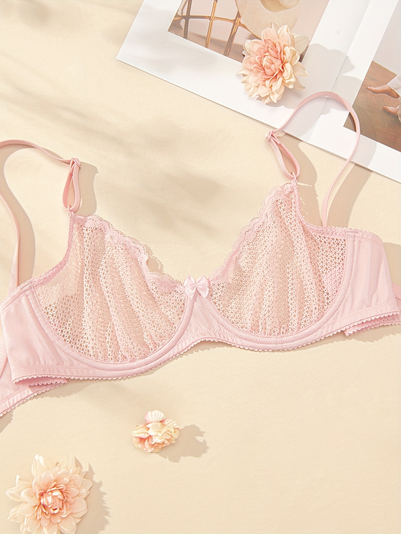 Valentine's Day Lace Mesh Unlined Bra Hollow Breathable Push - Temu